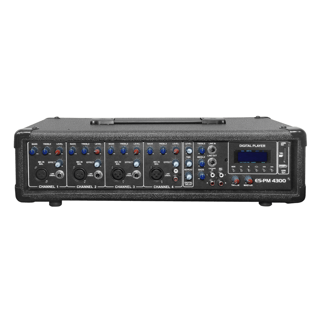 MEZCLADORA AMPLIFICADA, 4 CANALES, 80W, ECUALIZADOR, USB, SD, XLR