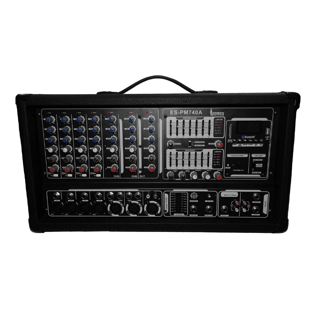 MEZCLADORA AMPLIFICADA, 7 CANALES, 2X250W, ECUALIZADOR, USB, SD CARD, BT, MP3, PHANTOM POWER