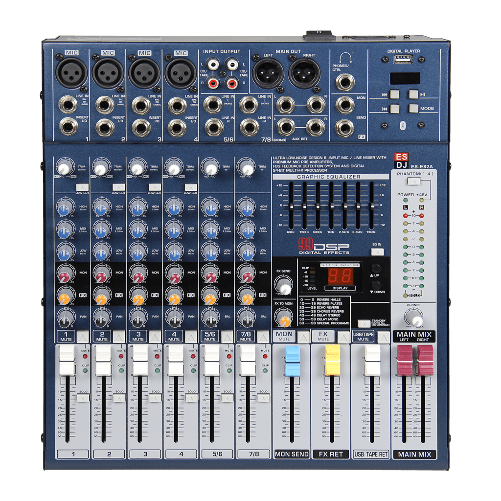 CONSOLA ANALOGA, 8 CANALES, 4 MONO/2 ESTEREO, INTERFAZ USB, BT, MP3