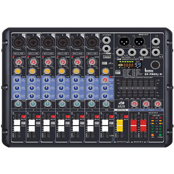 CONSOLA ANALOGA, 8 CANALES, 6 MONO/1 ESTEREO, INTERFAZ USB, BT, MP3