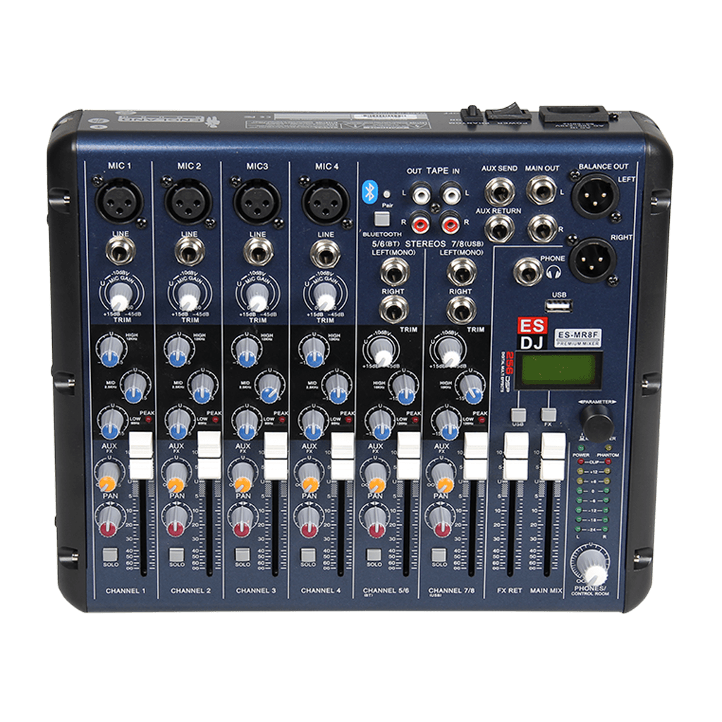 CONSOLA ANALOGA, 8 CANALES, 4 MONO/2 ESTEREO, INTERFAZ USB, BT, MP3