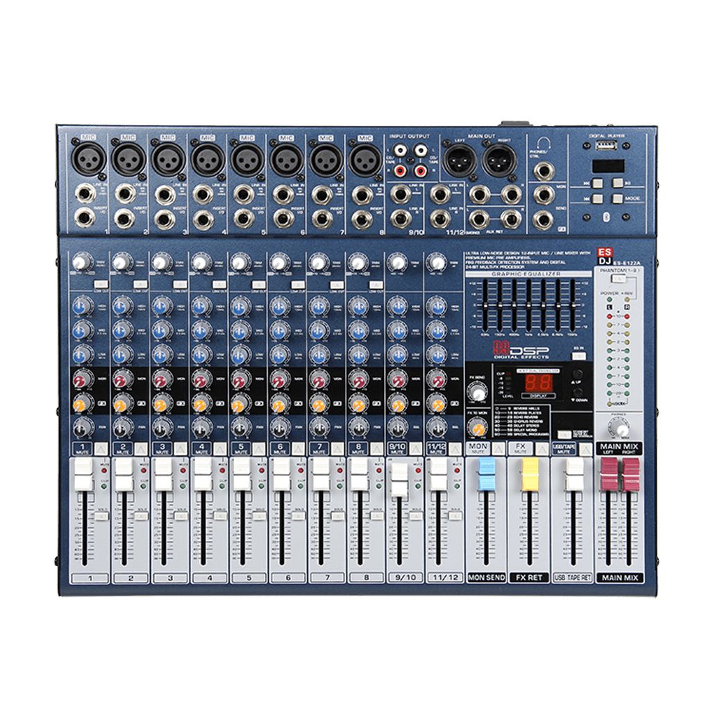CONSOLA ANALOGA, 12 CANALES, 8 MONO/2 ESTEREO, INTERFAZ USB, BT, MP3
