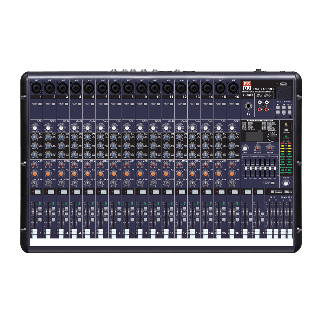 CONSOLA ANALOGICA 16 CANALES, BLUETOOTH, 2 GRAFICO DE 7 BANDAS, EQ, INTERFAZ USB
