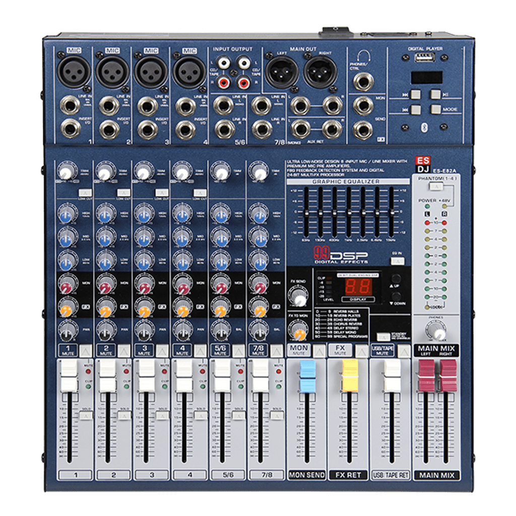 CONSOLA ANALOGA, 8 CANALES, 4 MONO/2 ESTEREO, INTERFAZ USB, BT, MP3