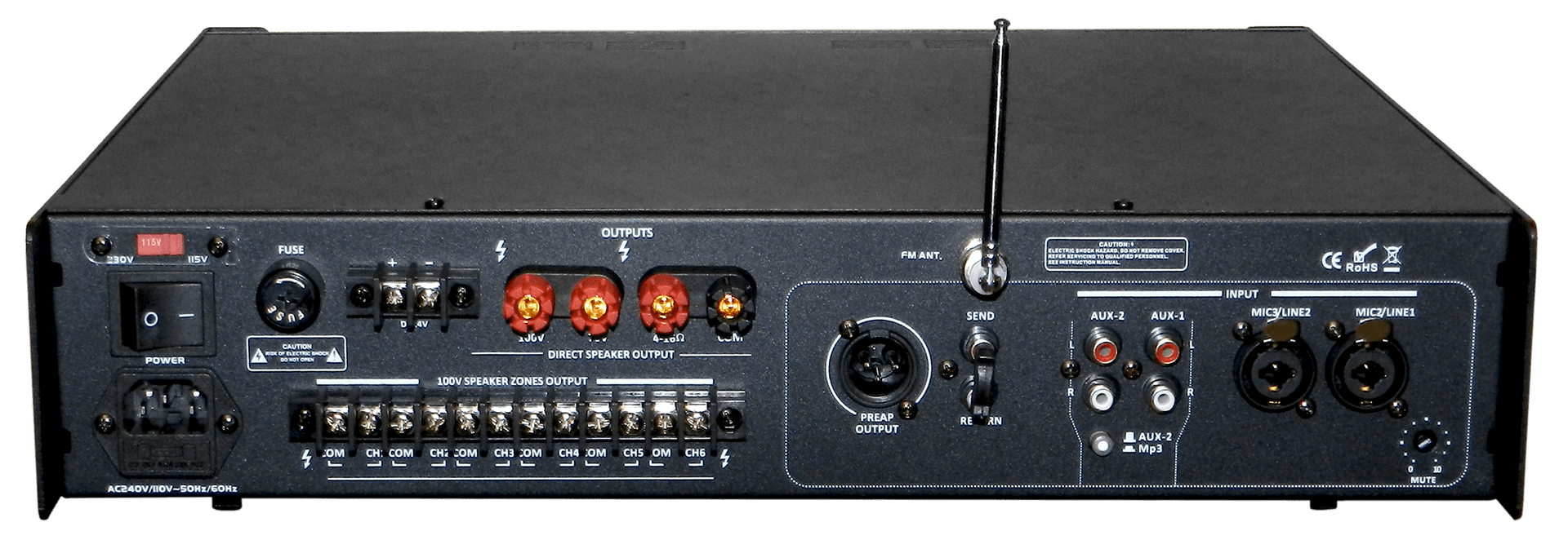 MEZCLADORA AMPLIFICADA, 6 ZONAS CON CONTROL REMOTO, 250W, USB, SD CARD, MP3, BT, RADIO FM, 70V-100V, 4-16 OHM, SIRENA, TIMBRE - Miniatura 3