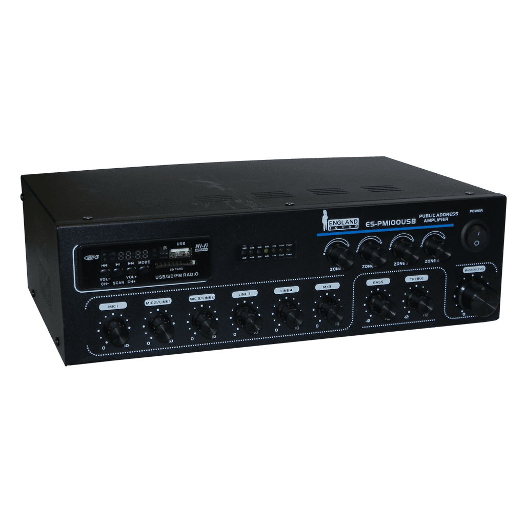 MEZCLADORA AMPLIFICADA, 3 CANALES, 4 ZONAS, 100W, USB, SD CARD, MP3, BT, RADIO FM, 70V-100V, 4-16 OHM, LCD DISPLAY