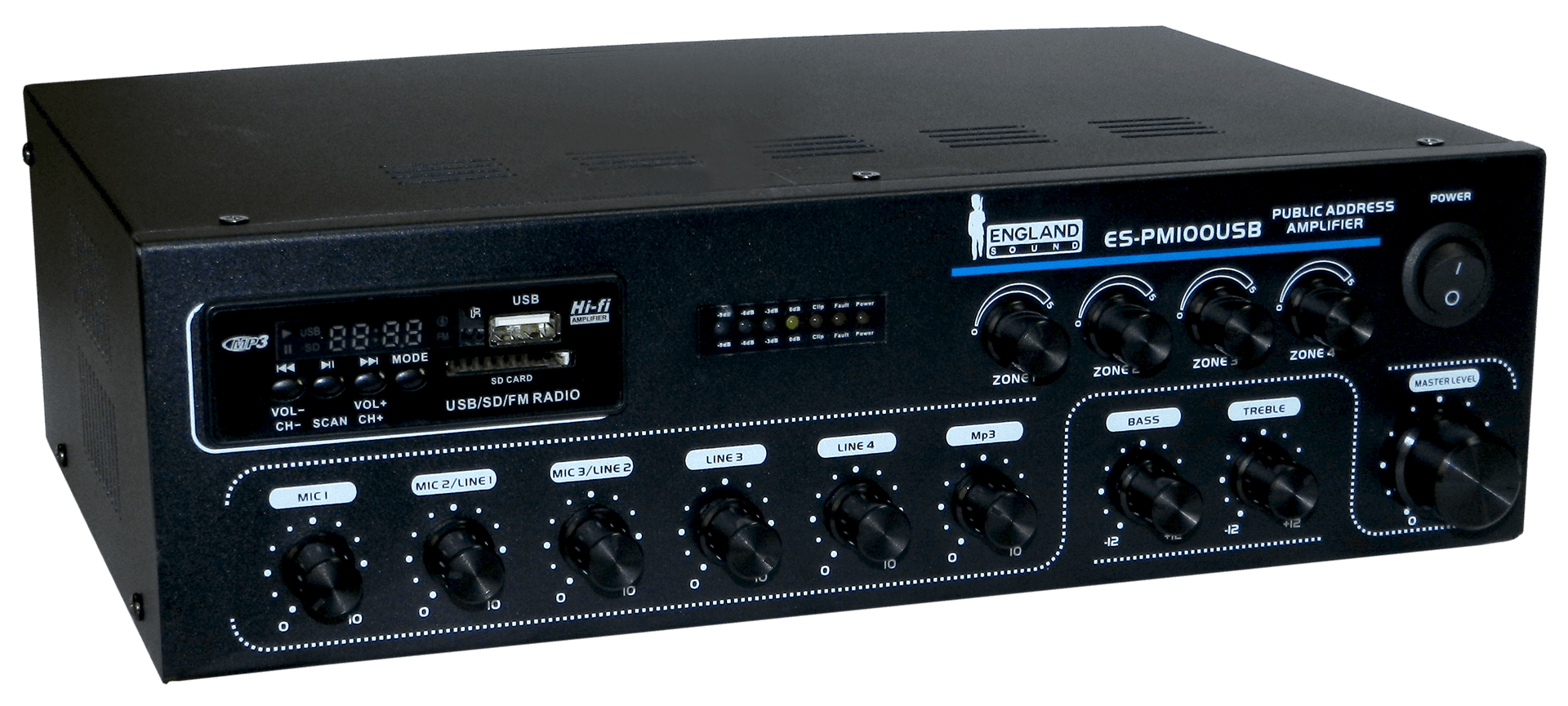 MEZCLADORA AMPLIFICADA, 3 CANALES, 4 ZONAS, 100W, USB, SD CARD, MP3, BT, RADIO FM, 70V-100V, 4-16 OHM, LCD DISPLAY - Miniatura 2