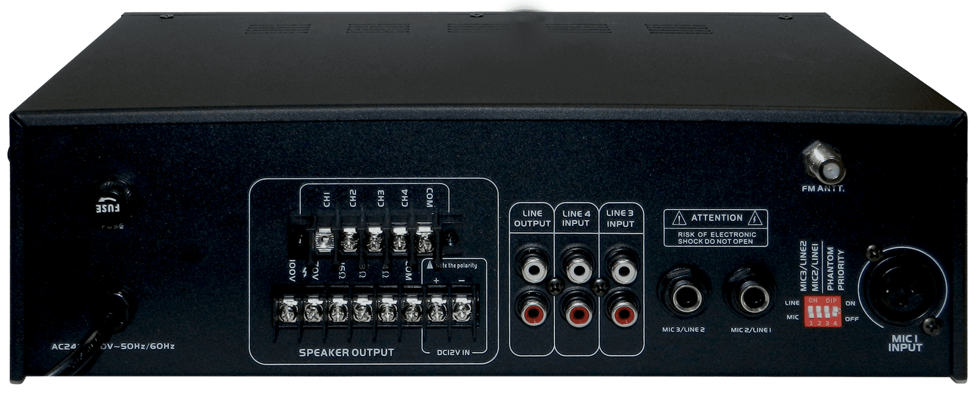 MEZCLADORA AMPLIFICADA, 3 CANALES, 4 ZONAS, 100W, USB, SD CARD, MP3, BT, RADIO FM, 70V-100V, 4-16 OHM, LCD DISPLAY - Miniatura 3