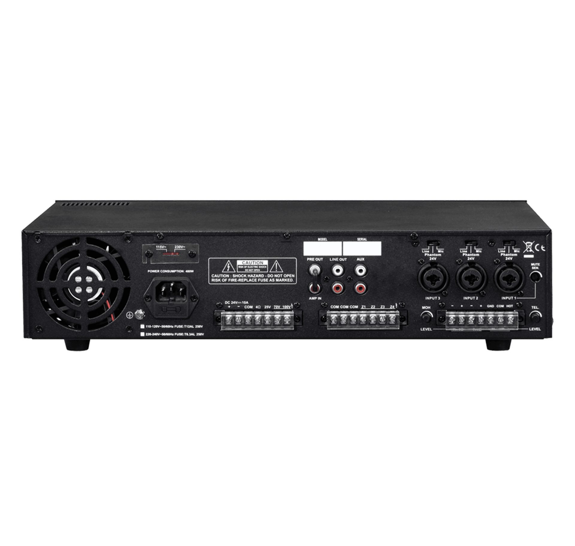 MEZCLADORA AMPLIFICADA, 3 CANALES, 240W, FUNCION ECHO, USB, SD CARD, MP3, 25V-70V-100V, 4 OHM, LCD DISPLAY - Miniatura 3