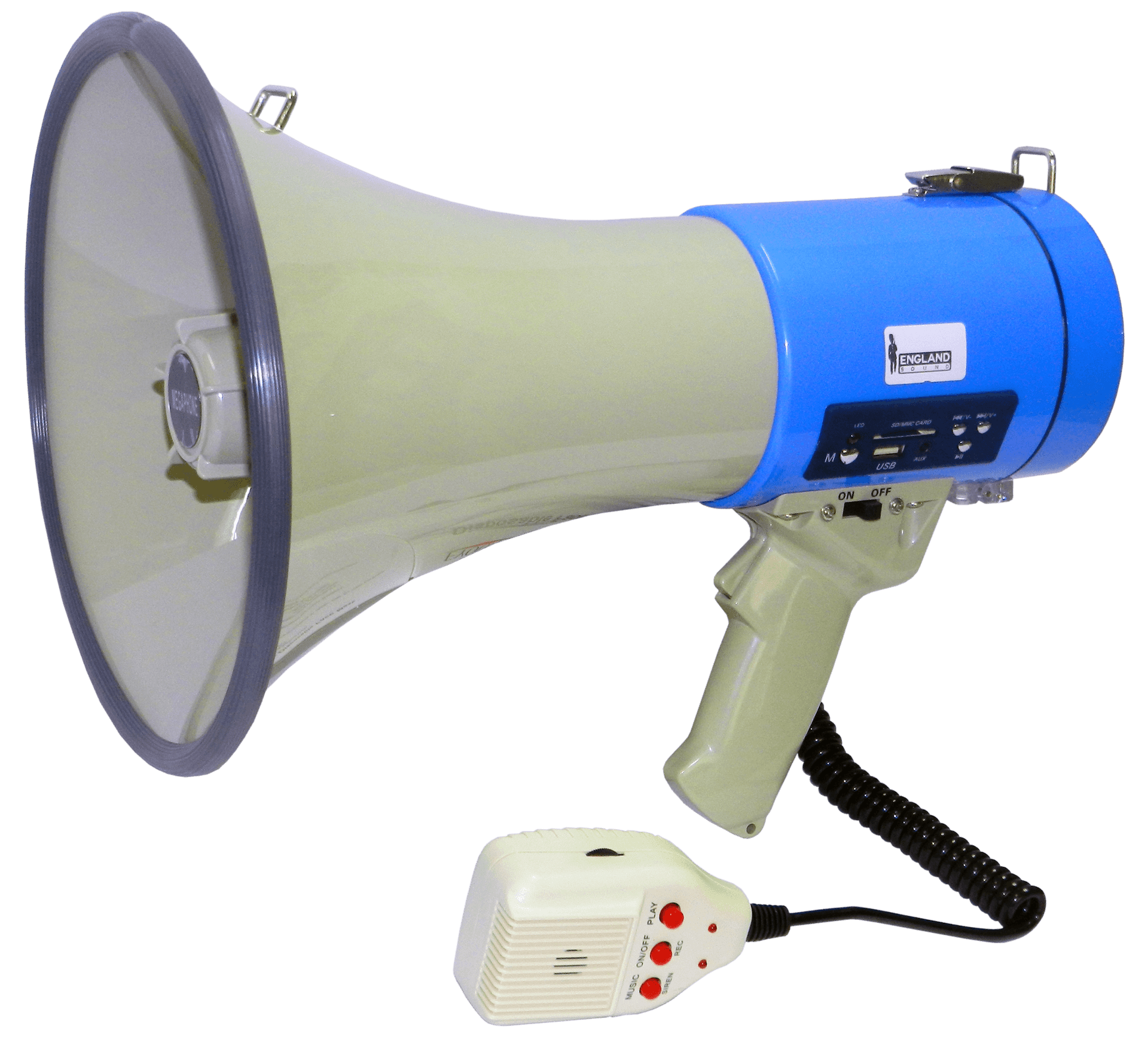 MEGAFONO CON BATERIA RECARGABLE, 40W, 8 OHM, FUNCION PITO Y SIRENA, USB, SD CARD, BATERIA 8 X C