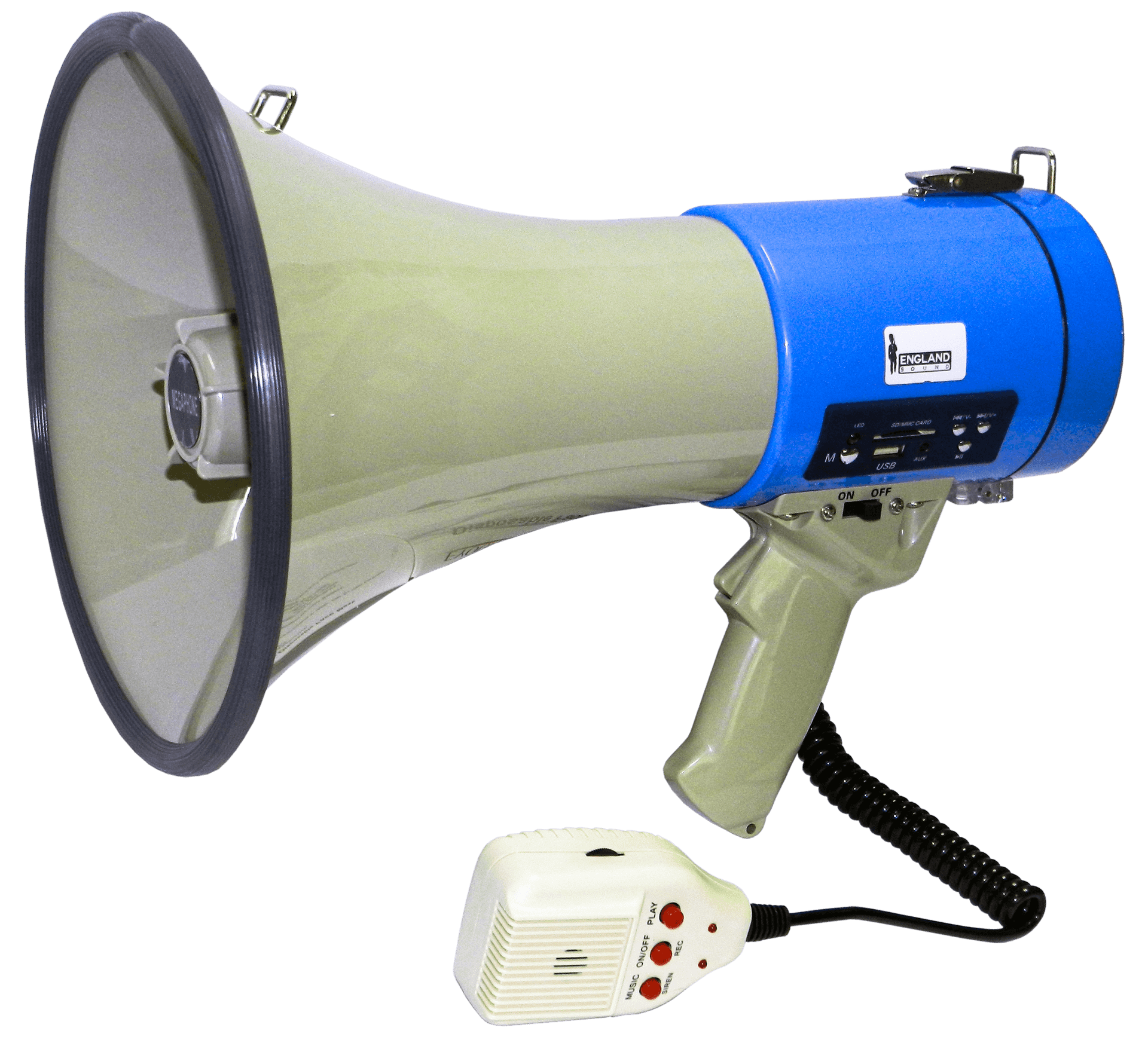 MEGAFONO CON BATERIA RECARGABLE, 40W, 8 OHM, FUNCION PITO Y SIRENA, USB, SD CARD, BATERIA 8 X C