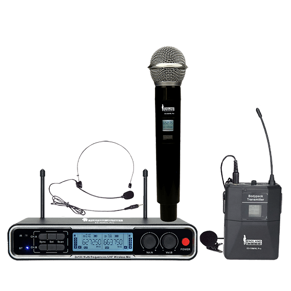 MICROFONO INALAMBRICO UHF DIVERSITY MULTIFRECUENCIA, 2 CANALES, DE MANO/DE DIADEMA Y CORBATA, CARCASA METALICA, BT, INCLUYE MALETA