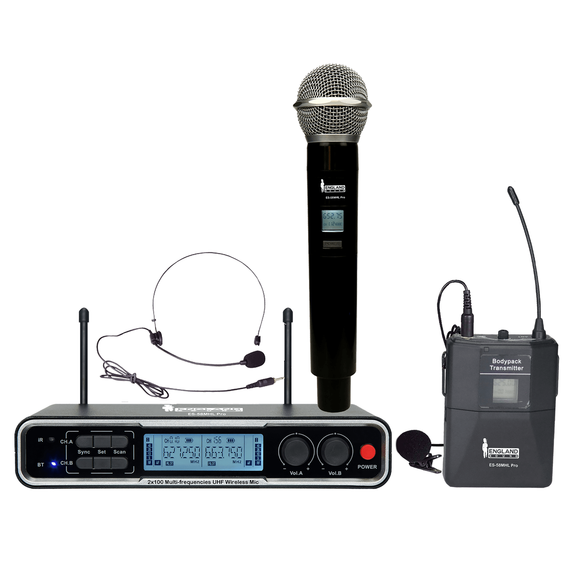 MICROFONO INALAMBRICO UHF DIVERSITY MULTIFRECUENCIA, 2 CANALES, DE MANO/DE DIADEMA Y CORBATA, CARCASA METALICA, BT, INCLUYE MALETA - Miniatura 2