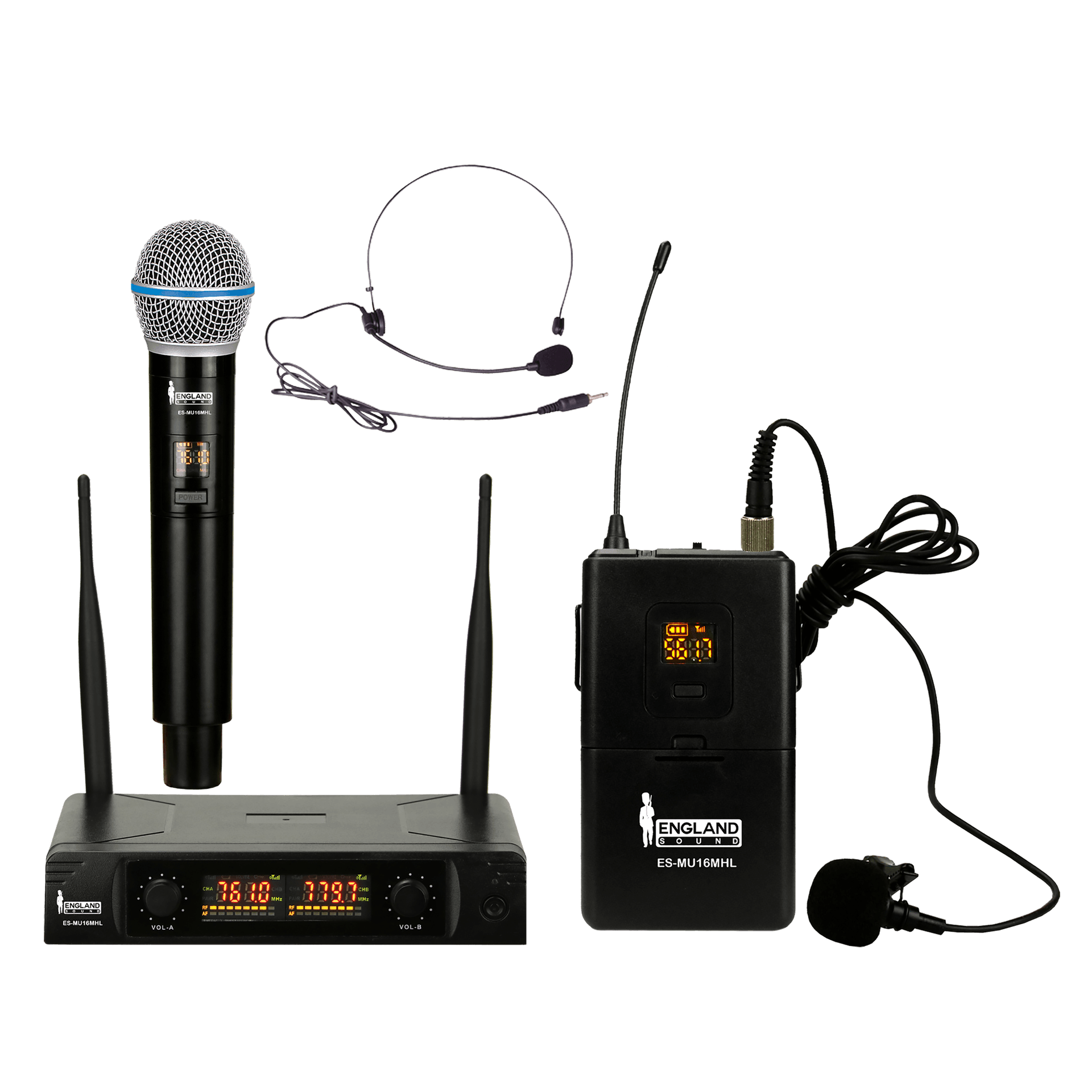 MICROFONO INALAMBRICO UHF MULTIFRECUENCIA, 2 CANALES, DE MANO/DE DIADEMA Y CORBATA, INCLUYE MALETA - Miniatura 6