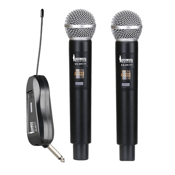 MICROFONO INALAMBRICO UHF MULTIFRECUENCIA, 2 CANALES, DE MANO, RECEPTOR PORTATIL RECARGABLE