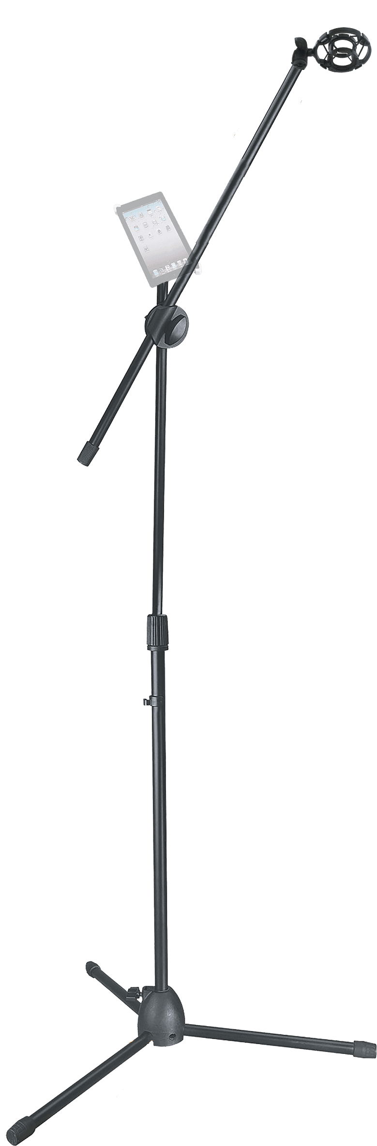 SOPORTE DE PISO BASE TRIPODE PARA MICROFONO CON BOOM Y SUJETADORES DE PRESION Y TIPO ARAÑA, ALTURA 80-130CM, INCLUYE SUJETADORES PARA TABLET Y TELEFONO - Miniatura 2