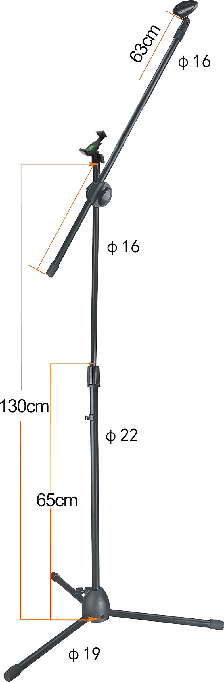 SOPORTE DE PISO BASE TRIPODE PARA MICROFONO CON BOOM Y SUJETADORES DE PRESION Y TIPO ARAÑA, ALTURA 80-130CM, INCLUYE SUJETADORES PARA TABLET Y TELEFONO - Miniatura 5