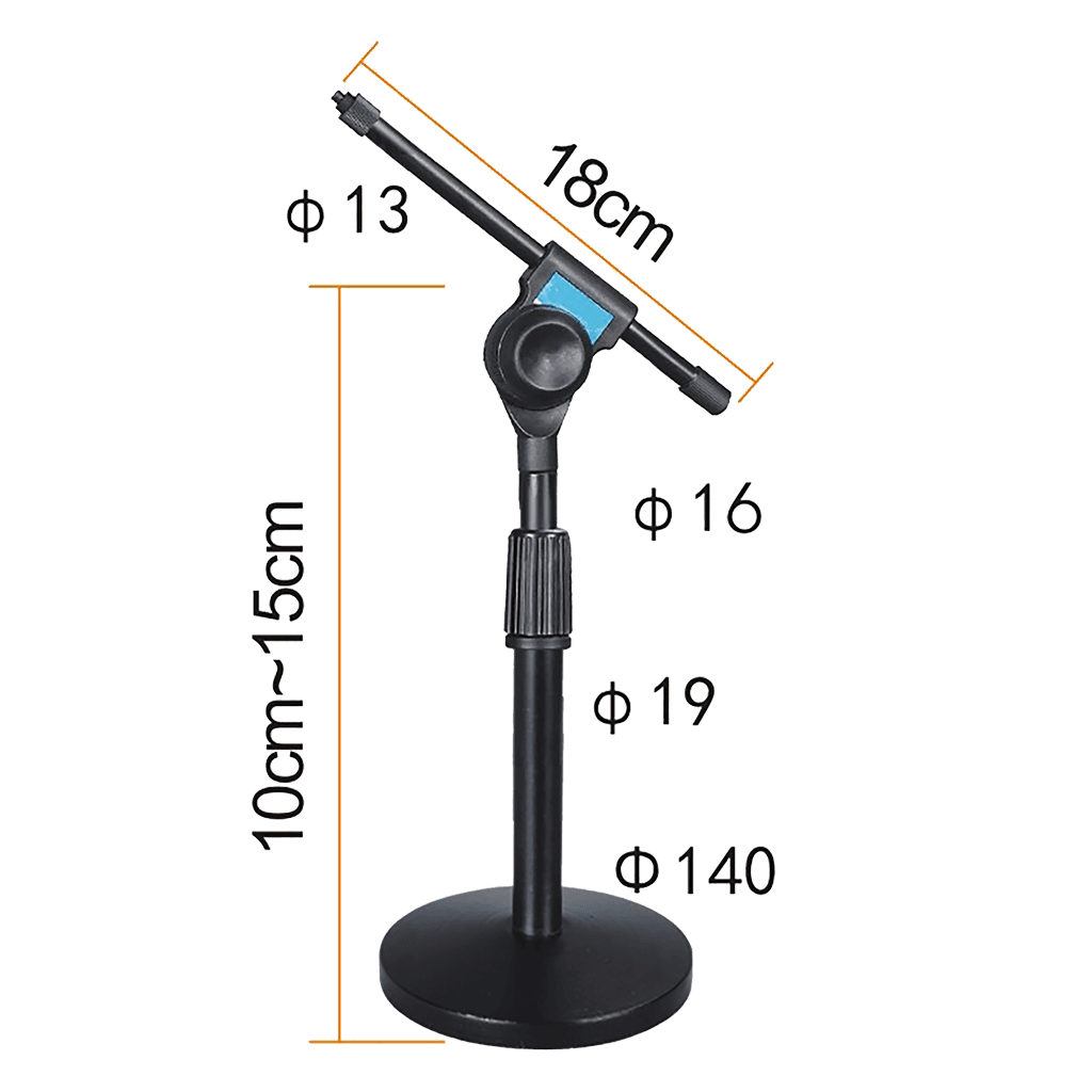 SOPORTE DE MESA BASE REDONDA PARA MICROFONO CON BOOM Y SUJETADOR, ALTURA 10-15CM
