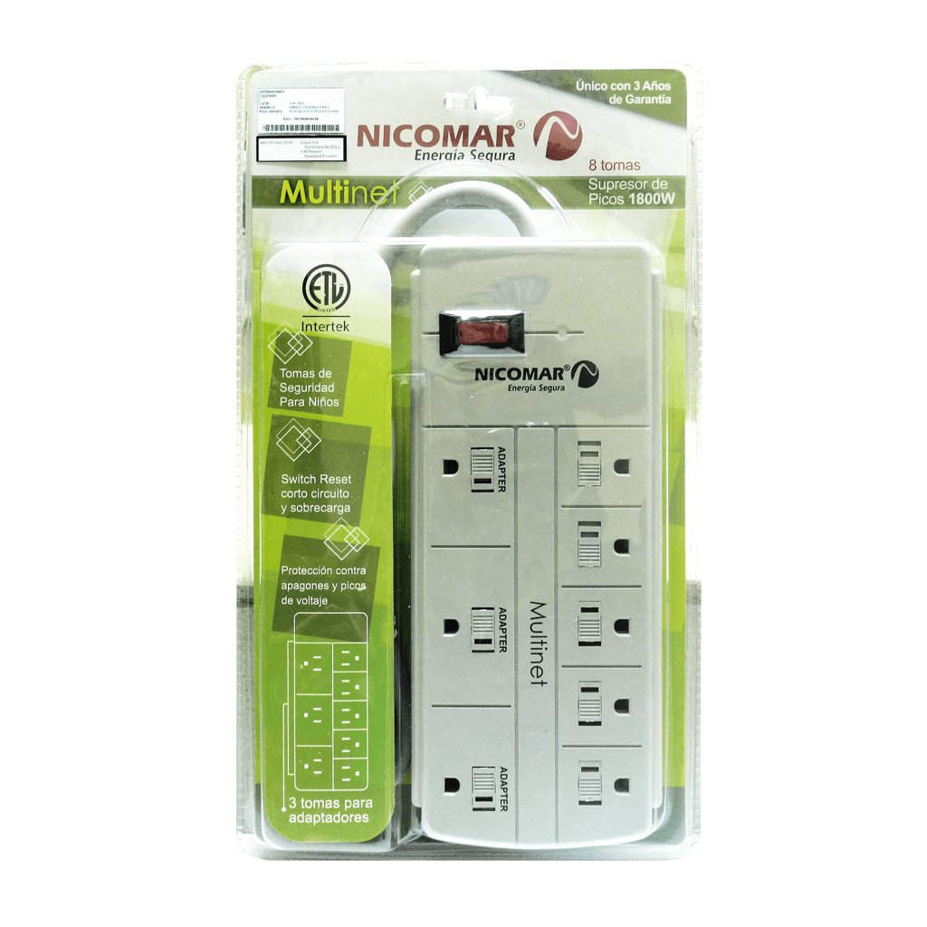 REGLETA 8 TOMAS CON CORTAPICOS, 15A, LONGITUD DE CABLE 1 MTS