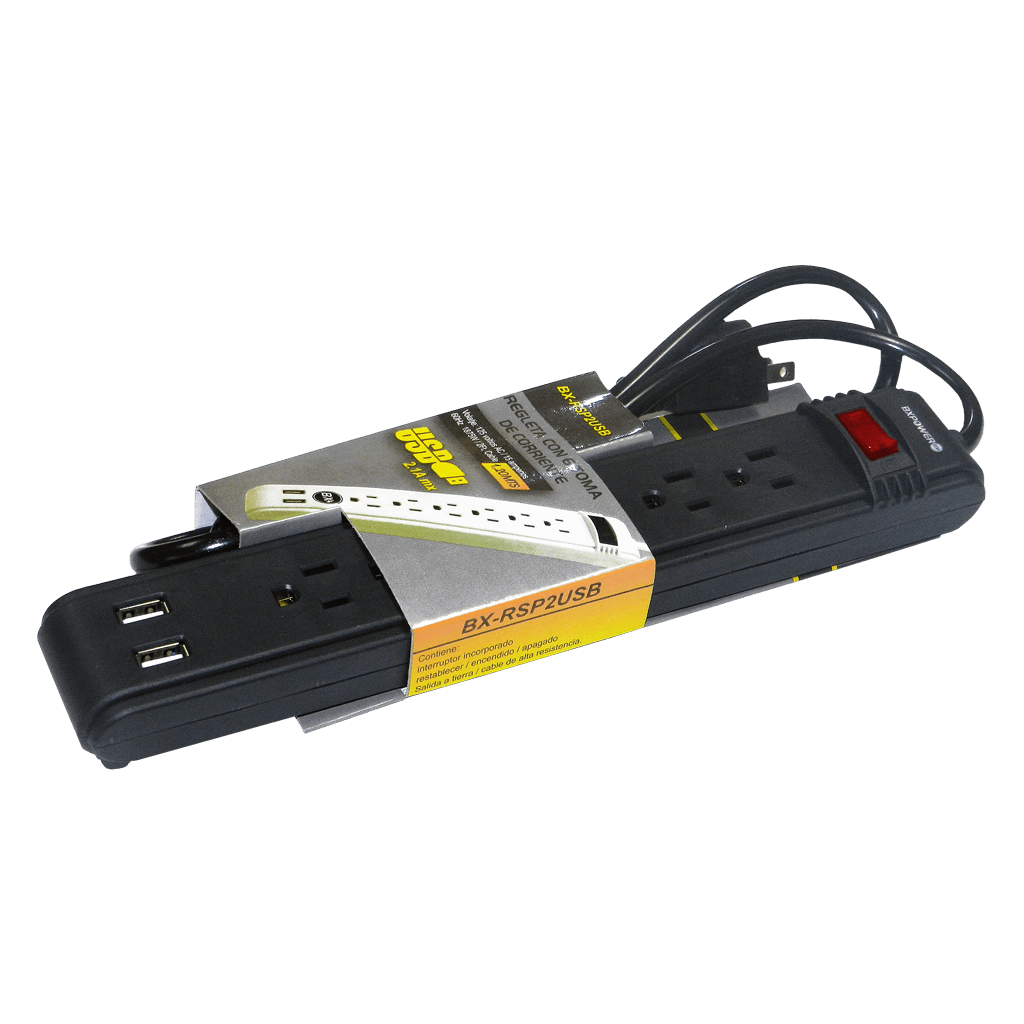 REGLETA 6 TOMAS CON CORTAPICOS, 2 PUERTOS USB 2.1A, 15A, LONGITUD DE CABLE 1.2MTS