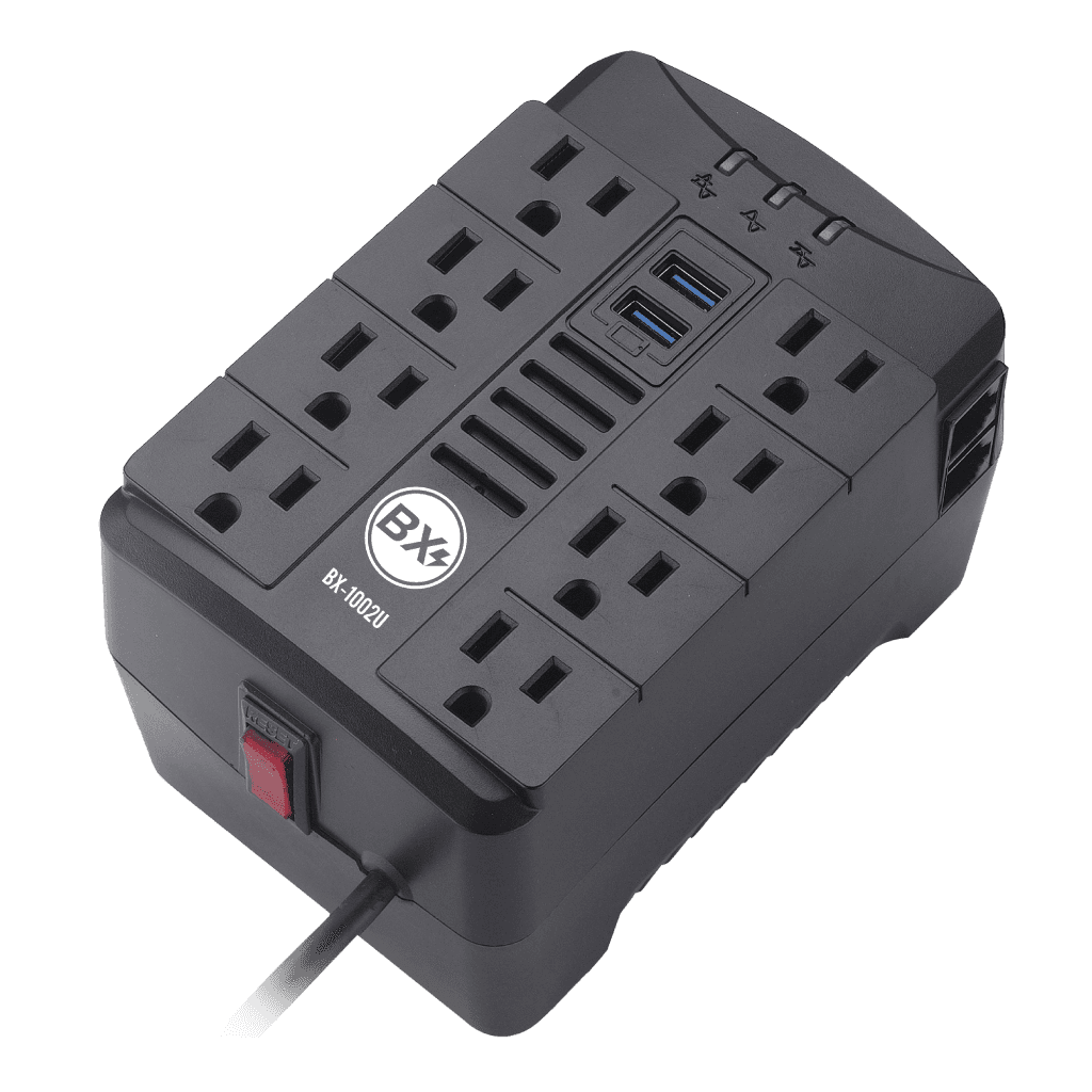 REGULADOR DE VOLTAJE AUTOMATICO, 250 WATTS, 8 TOMAS, 2 PUERTOS RJ45, 2 PUERTOS USB