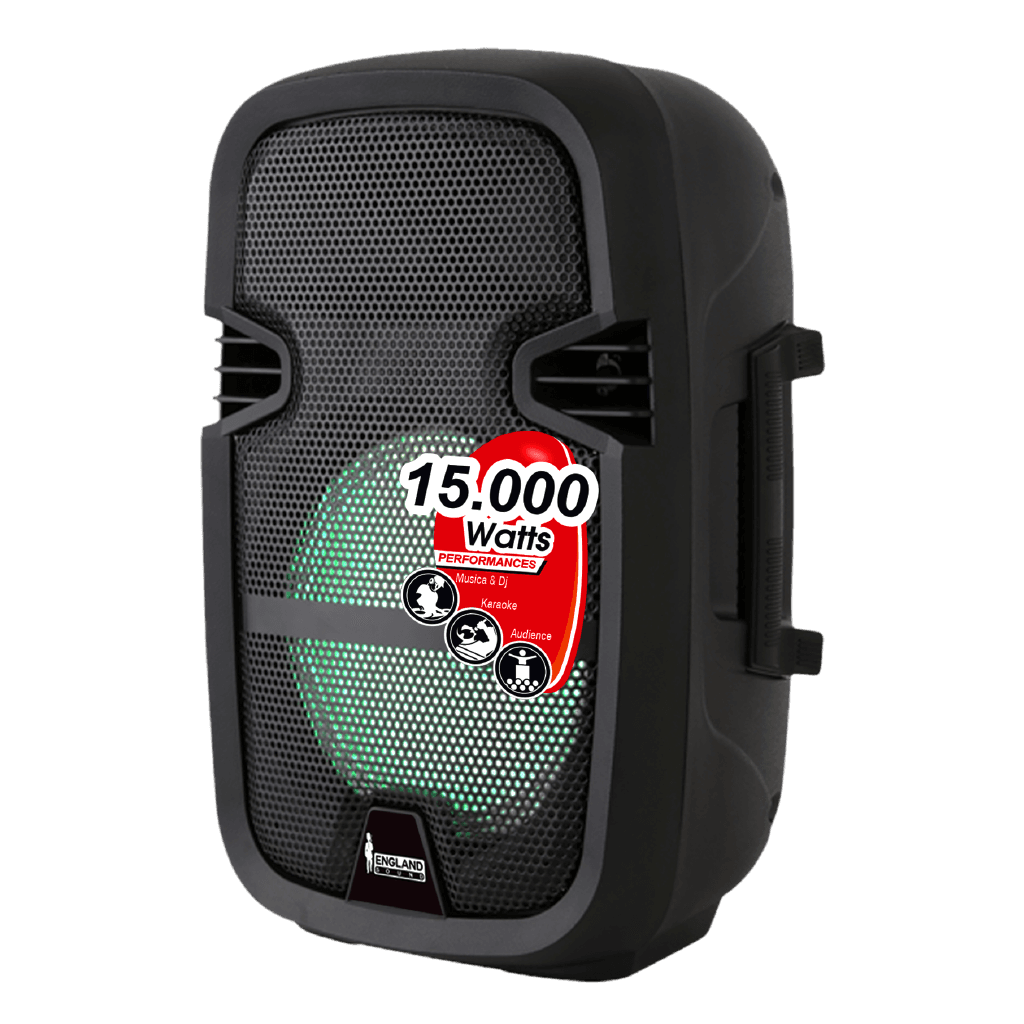 CAJA AMPLIFICADA CON BATERIA 8 PULG., 15.000W PMOP, REPRODUCTOR ANALOGICO DIGITAL, ENTRADA MIC 1/4, 3.5MM , EFECTO ECO, BASS & TREBLE, LUZ LED RGB, INCLUYE UN MICROFONO