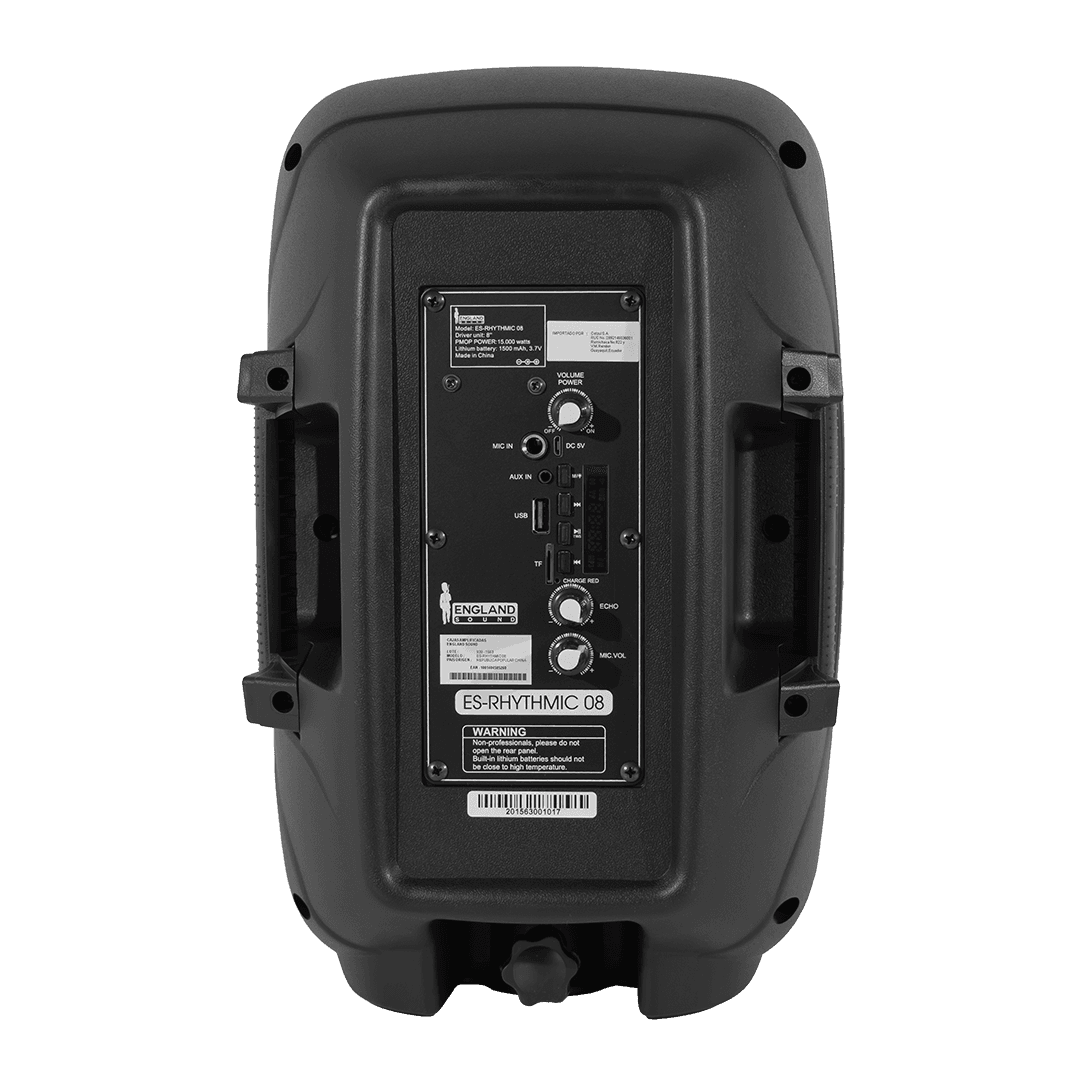 CAJA AMPLIFICADA CON BATERIA 8 PULG., 15.000W PMOP, REPRODUCTOR ANALOGICO DIGITAL, ENTRADA MIC 1/4, 3.5MM , EFECTO ECO, BASS & TREBLE, LUZ LED RGB, INCLUYE UN MICROFONO - Miniatura 3