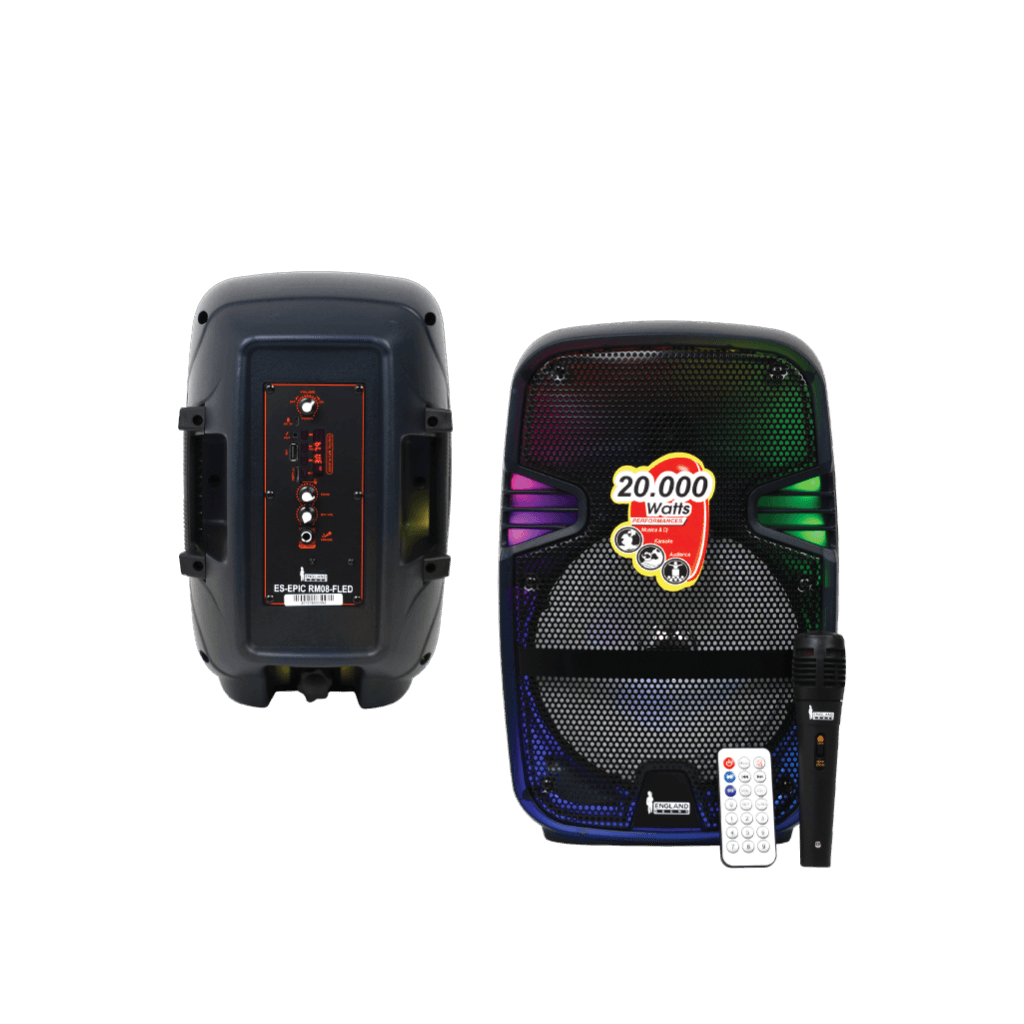 CAJA AMPLIFICADA CON BATERIA 8 PULG., 20.000W PMOP, REPRODUCTOR ANALOGICO DIGITAL , ENTRADA MIC 1/4, 3.5MM , EFECTO ECO, BASS & TREBLE, CASCARA NEGRA TRANSPARENTE CON LUZ RGB, INCLUYE UN MICROFONO