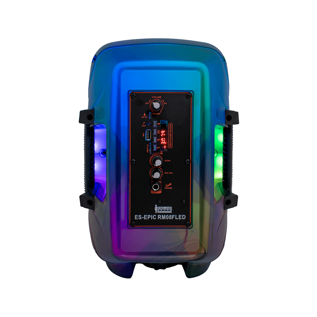 CAJA AMPLIFICADA CON BATERIA 8 PULG., 20.000W PMOP, REPRODUCTOR ANALOGICO DIGITAL , ENTRADA MIC 1/4, 3.5MM , EFECTO ECO, BASS & TREBLE, CASCARA NEGRA TRANSPARENTE CON LUZ RGB, INCLUYE UN MICROFONO - Miniatura 3