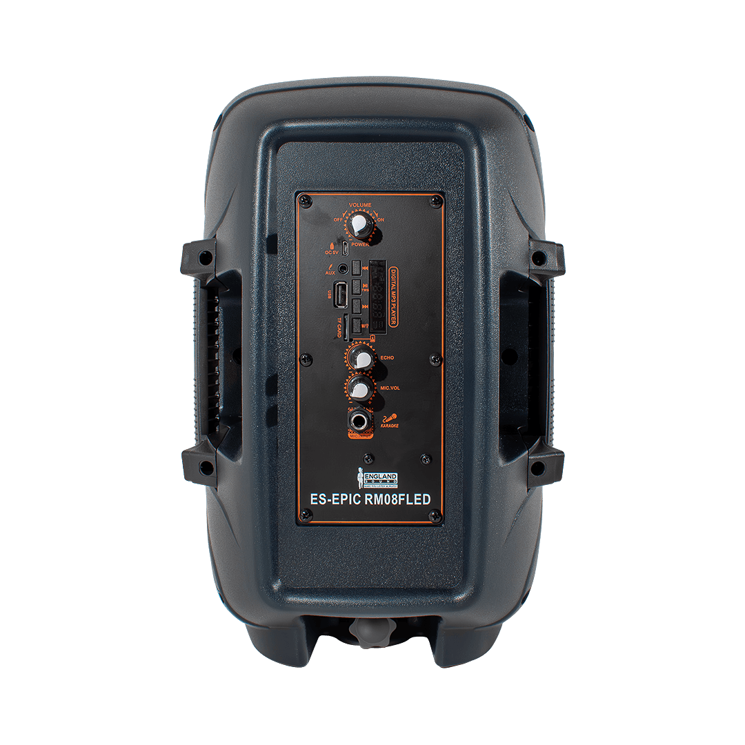 CAJA AMPLIFICADA CON BATERIA 8 PULG., 20.000W PMOP, REPRODUCTOR ANALOGICO DIGITAL , ENTRADA MIC 1/4, 3.5MM , EFECTO ECO, BASS & TREBLE, CASCARA NEGRA TRANSPARENTE CON LUZ RGB, INCLUYE UN MICROFONO - Miniatura 4