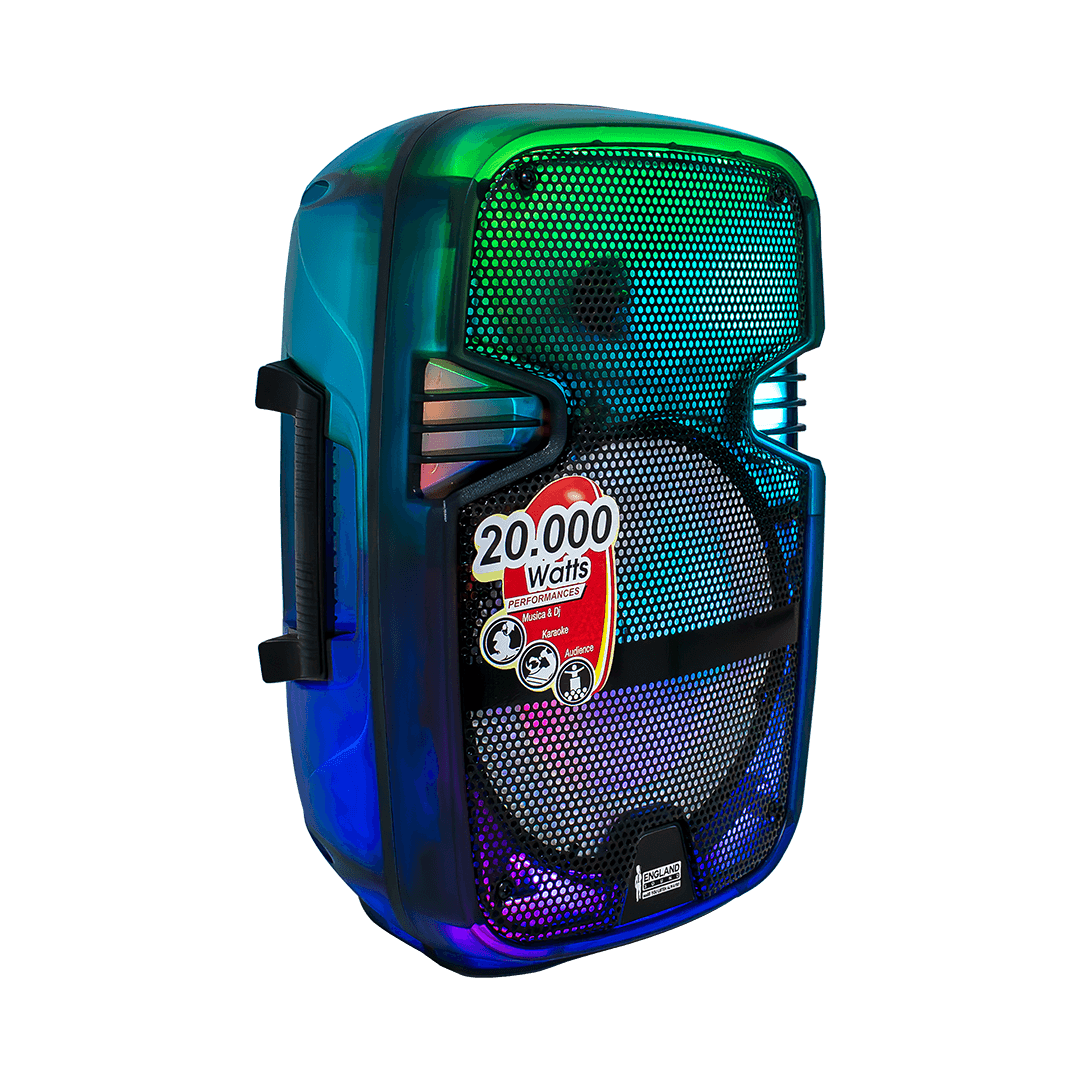 CAJA AMPLIFICADA CON BATERIA 8 PULG., 20.000W PMOP, REPRODUCTOR ANALOGICO DIGITAL , ENTRADA MIC 1/4, 3.5MM , EFECTO ECO, BASS & TREBLE, CASCARA NEGRA TRANSPARENTE CON LUZ RGB, INCLUYE UN MICROFONO - Miniatura 5