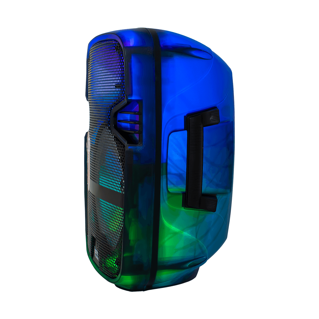 CAJA AMPLIFICADA CON BATERIA 8 PULG., 20.000W PMOP, REPRODUCTOR ANALOGICO DIGITAL , ENTRADA MIC 1/4, 3.5MM , EFECTO ECO, BASS & TREBLE, CASCARA NEGRA TRANSPARENTE CON LUZ RGB, INCLUYE UN MICROFONO - Miniatura 6