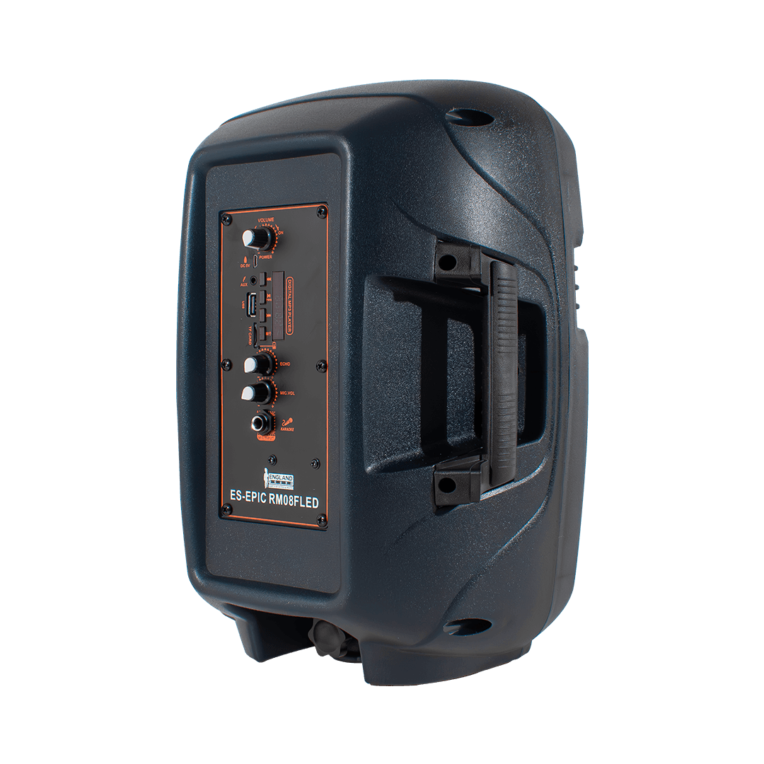 CAJA AMPLIFICADA CON BATERIA 8 PULG., 20.000W PMOP, REPRODUCTOR ANALOGICO DIGITAL , ENTRADA MIC 1/4, 3.5MM , EFECTO ECO, BASS & TREBLE, CASCARA NEGRA TRANSPARENTE CON LUZ RGB, INCLUYE UN MICROFONO - Miniatura 7