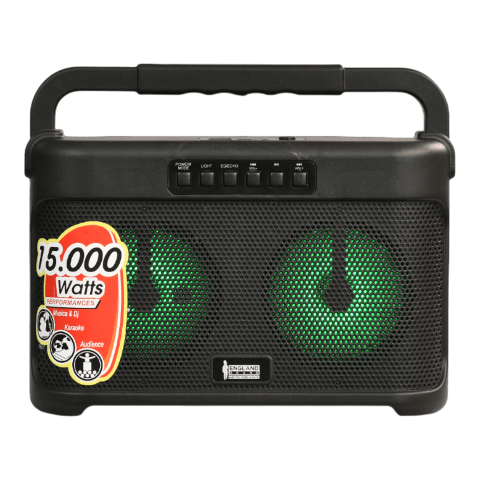 CAJA AMPL. CON BATERIA 2X4 PULG., REPRODUCTOR ANALOGICO DIGITAL, ENTRADA 3.5MM, LUZ LED RGB