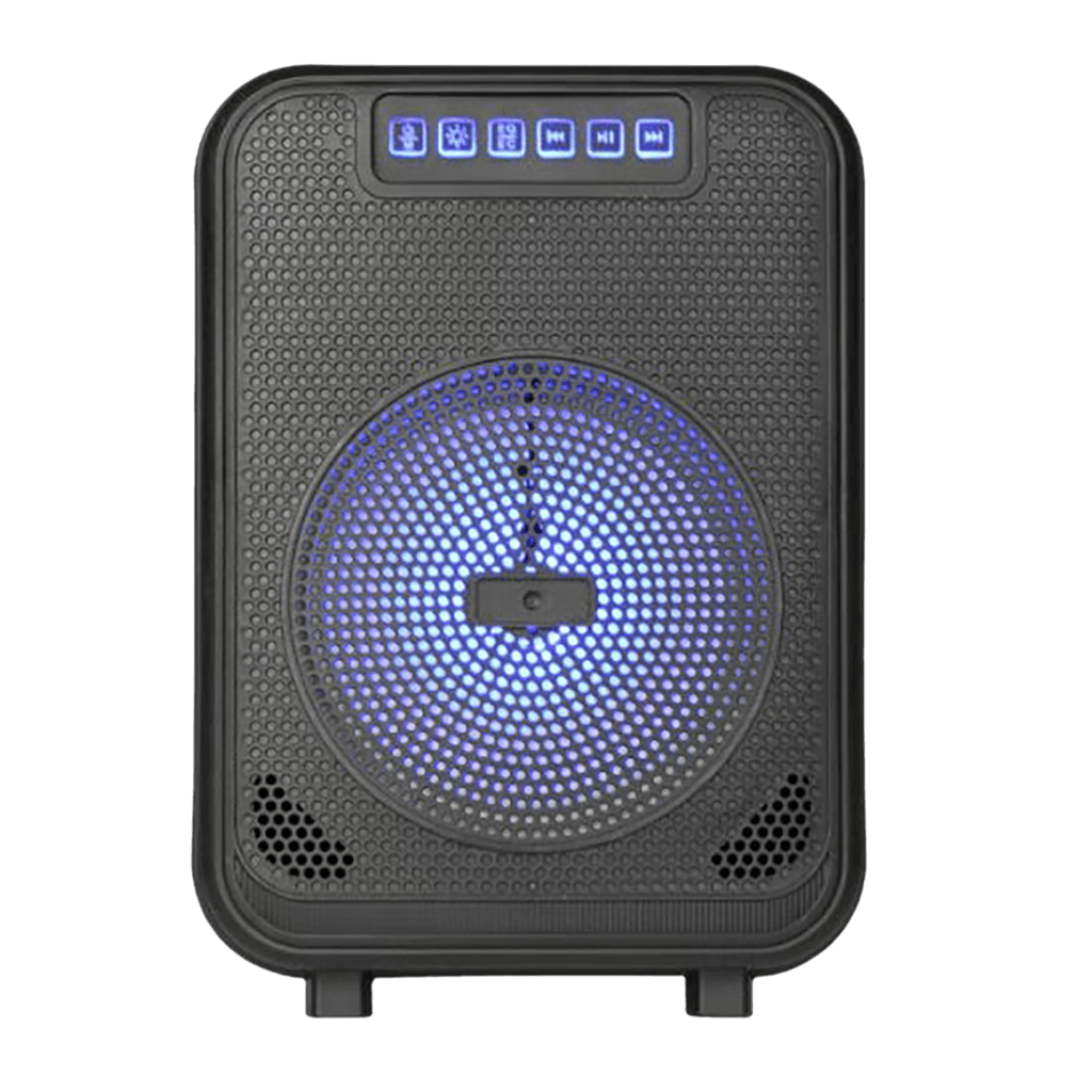 CAJA AMPLIFICADA CON BATERIA 6.5 PULG., 10.000W PMOP, REPRODUCTOR ANALOGICO DIGITAL, ENTRADA MIC 1/4, 3.5MM , EFECTO ECO, LUZ LED RGB, INCLUYE UN MICROFONO