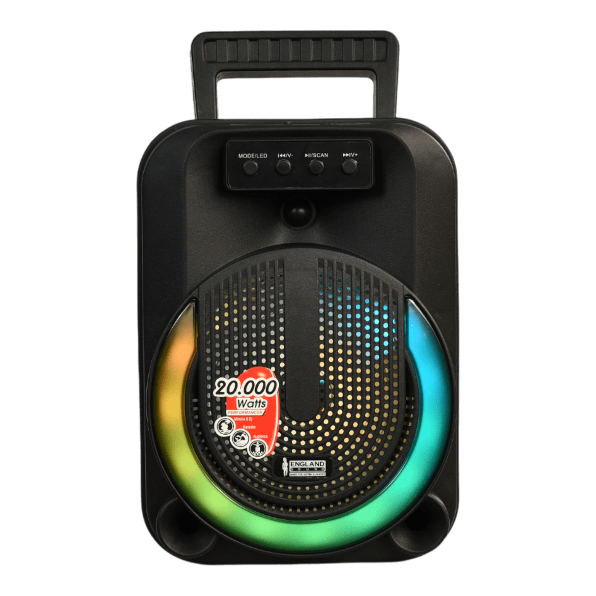 CAJA AMPLIFICADA CON BATERIA 6.5 PULG., 10.000W PMOP, REPRODUCTOR ANALOGICO DIGITAL, ENTRADA MIC 1/4, 3.5MM , EFECTO ECO, LUZ LED RGB, INCLUYE UN MICROFONO