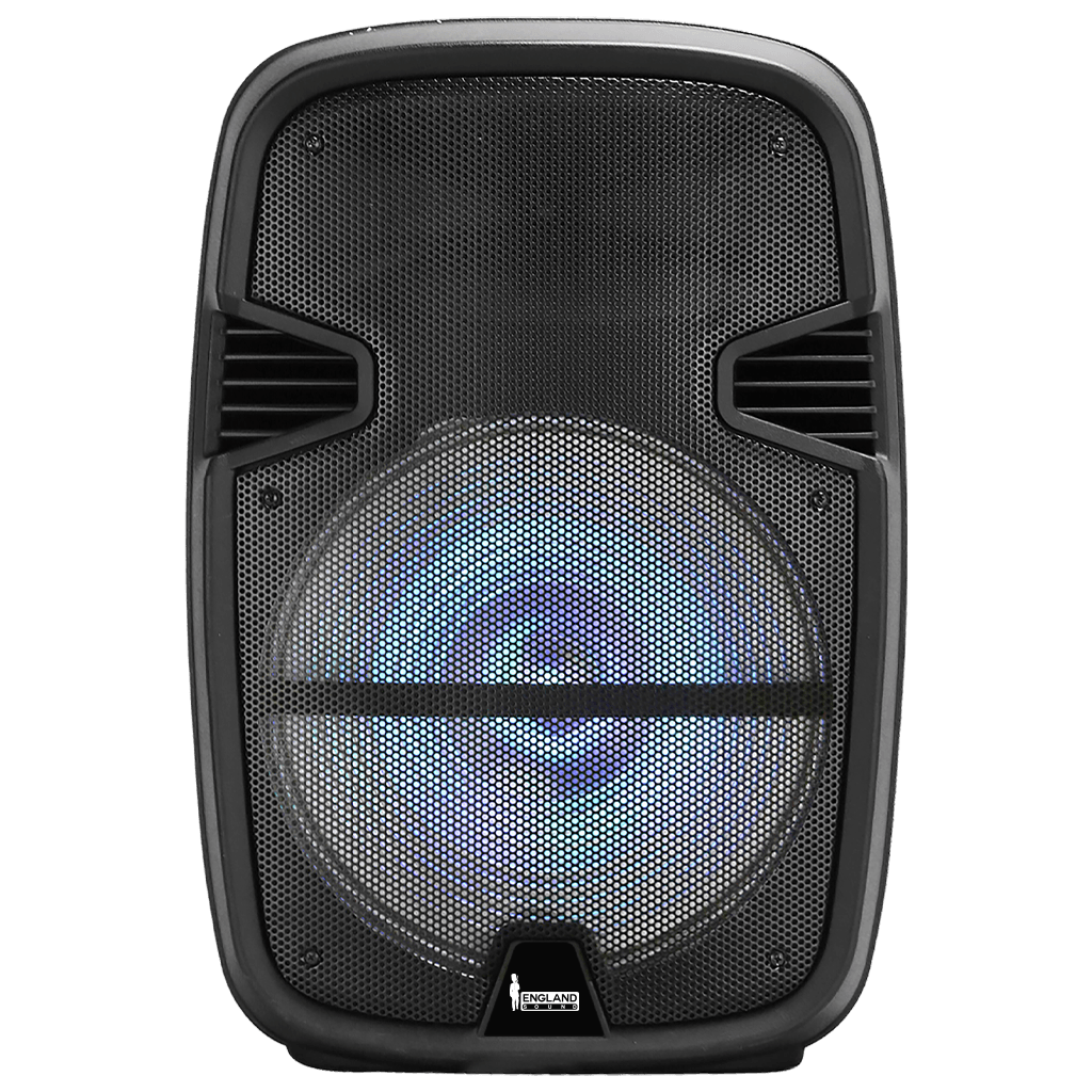 CAJA AMPLIFICADA CON BATERIA 15 PULG., 75.000W PMOP, REPRODUCTOR ANALOGICO DIGITAL, ENTRAJA JACK 1/4, 3.5MM, BASS & TREBLE, LUZ LED RGB, INCLUYE UN MICROFONO Y PEDESTAL