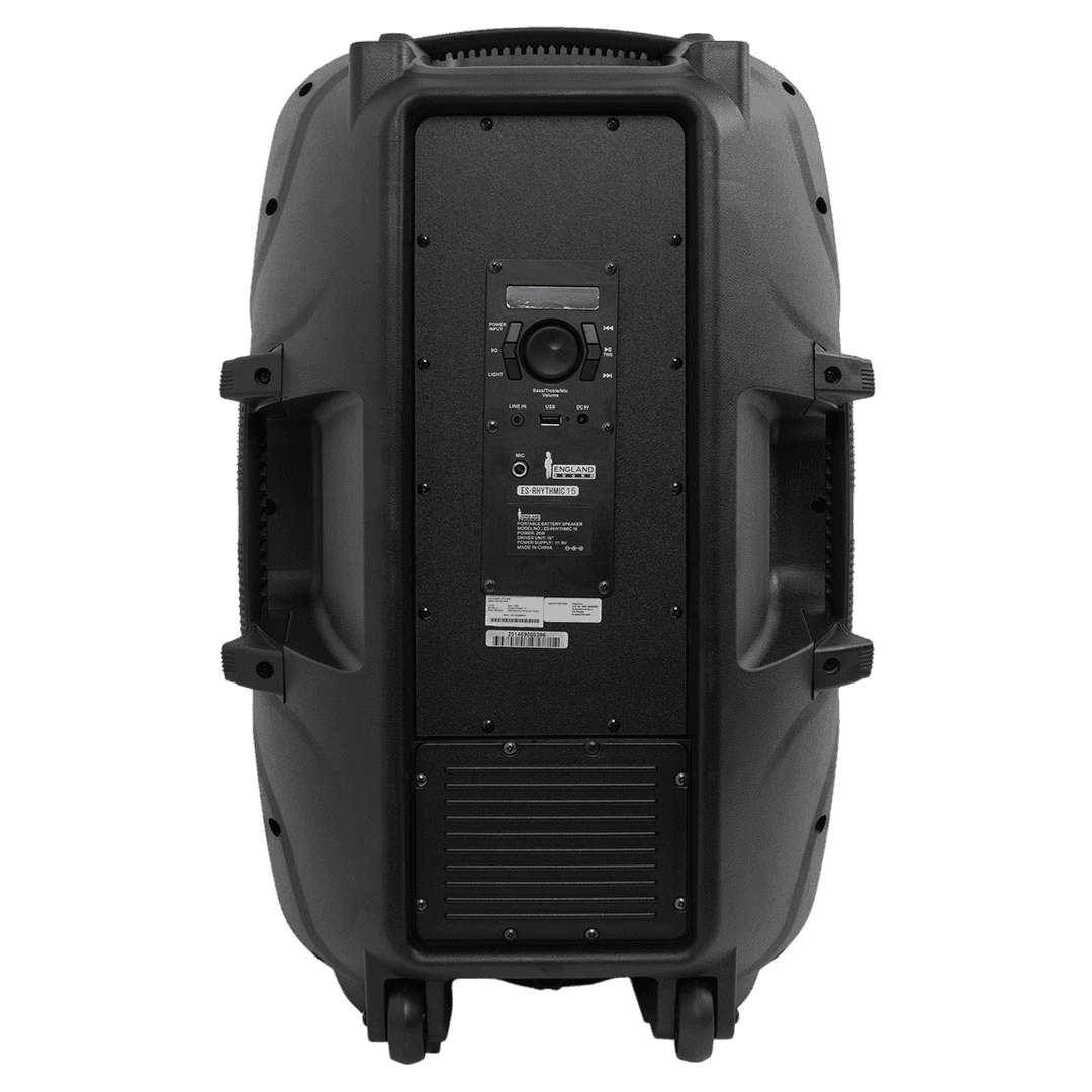 CAJA AMPLIFICADA CON BATERIA 15 PULG., 160.000W PMOP, REPRODUCTOR ANALOGICO DIGITAL, ENTRAJA JACK 1/4, 3.5MM, BASS & TREBLE, LUZ LED RGB, INCLUYE UN MICROFONO Y PEDESTAL - Miniatura 3