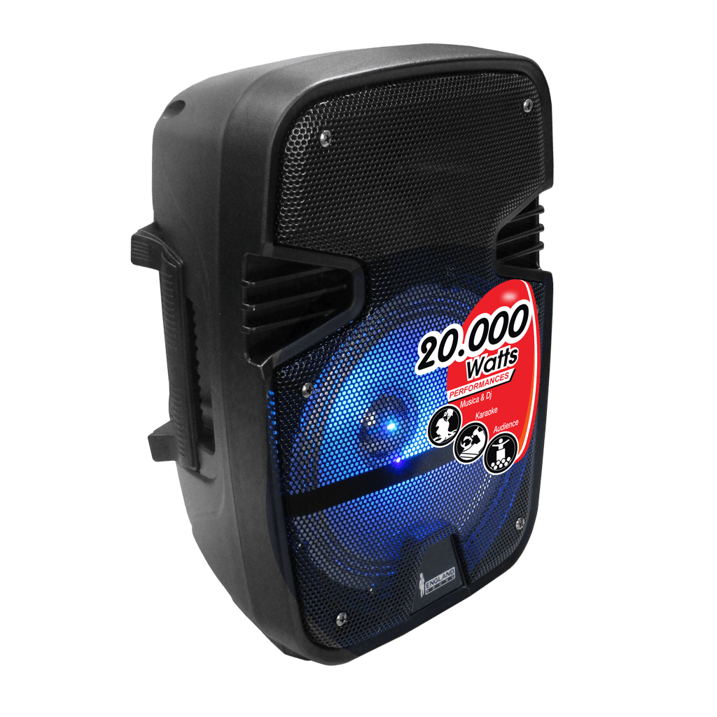 CAJA AMPLIFICADA CON BATERIA 8 PULG., 20.000W PMOP, BT, USB, MICRO SD, INCLUYE UN MICROFONO DE MANO