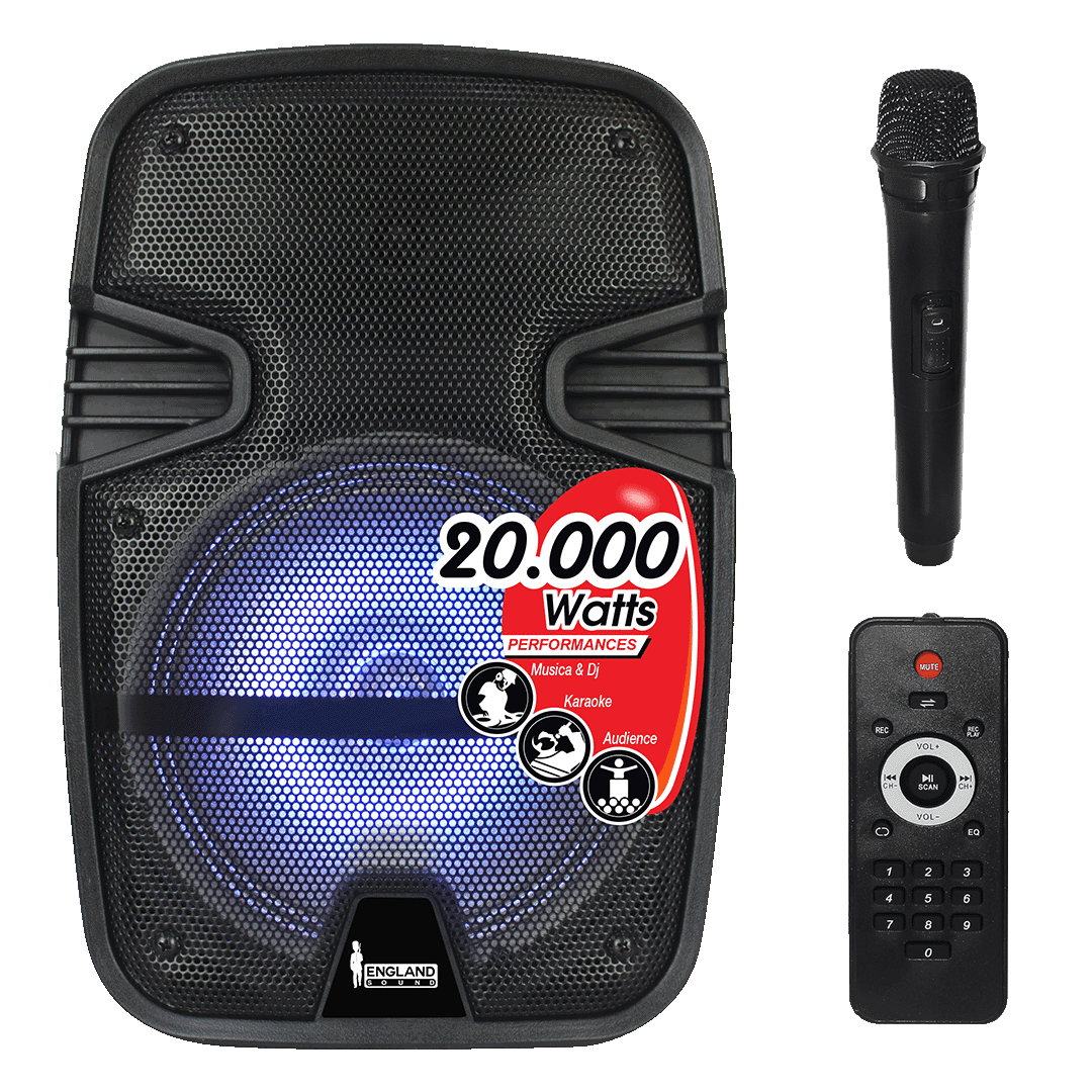 CAJA AMPLIFICADA CON BATERIA 8 PULG., 20.000W PMOP, BT, USB, MICRO SD, INCLUYE UN MICROFONO DE MANO - Miniatura 7