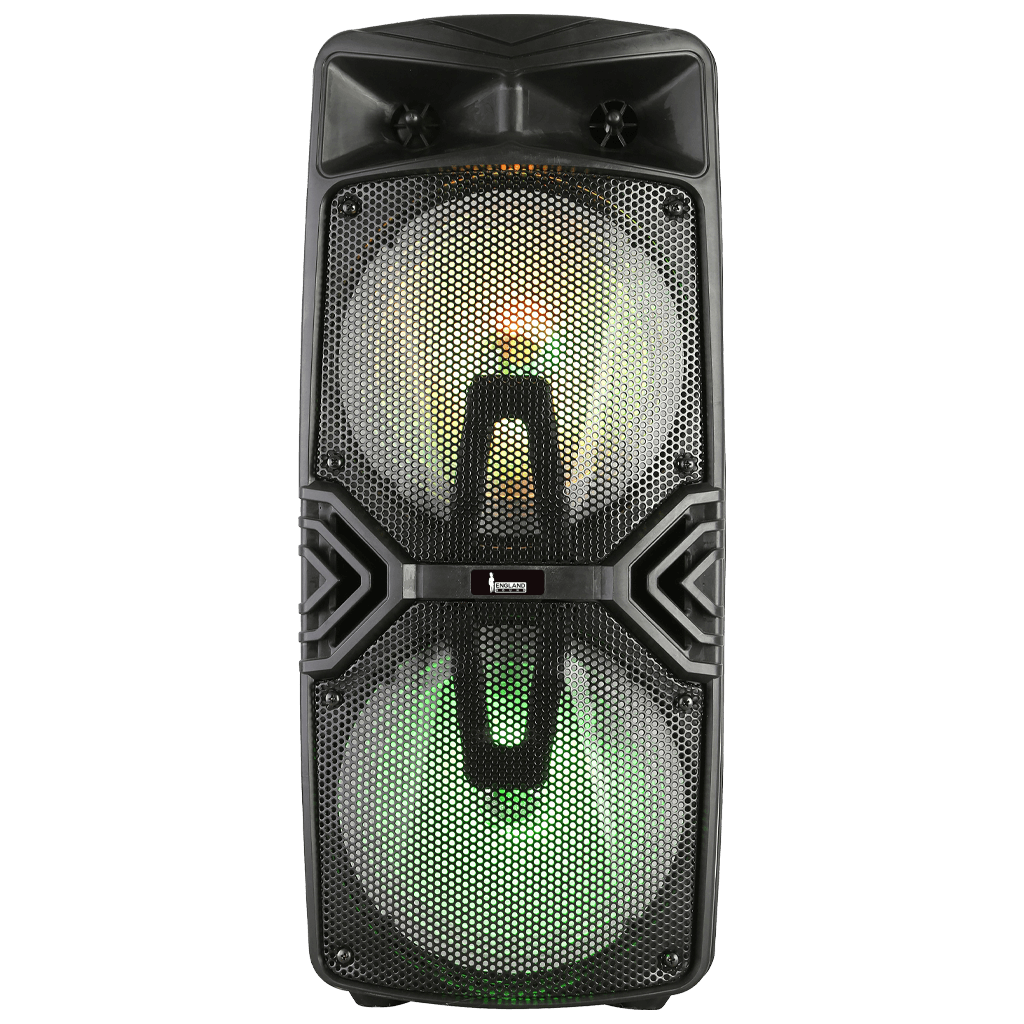 CAJA AMPLIFICADA CON BATERIA 2X8 PULG., 22.000W PMOP, REPRODUCTOR ANALOGICO DIGITAL, ENTRAJA JACK 1/4, 3.5MM, BASS & TREBLE, LUZ LED RGB, INCLUYE UN MICROFONO Y PEDESTAL