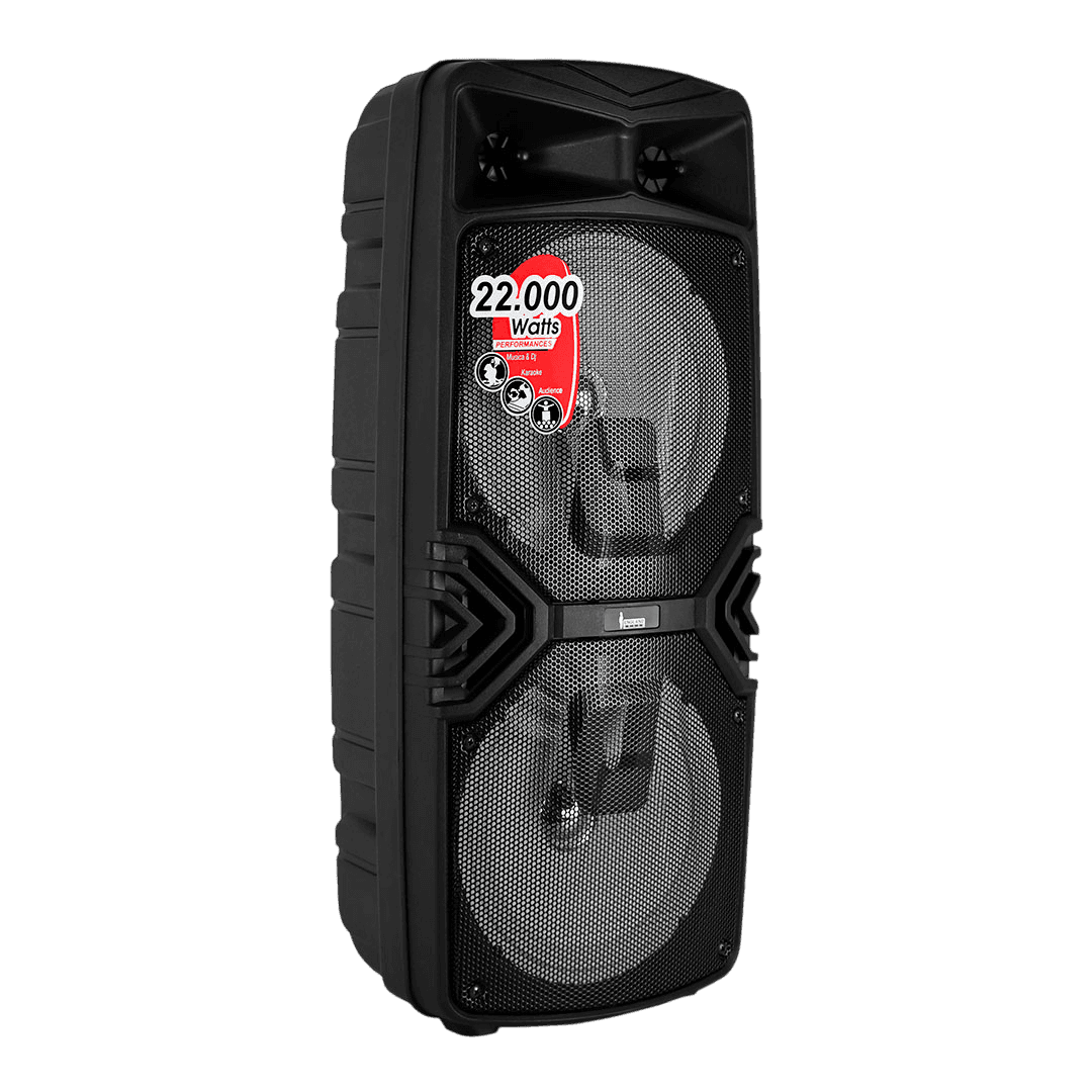 CAJA AMPLIFICADA CON BATERIA 2X8 PULG., 22.000W PMOP, REPRODUCTOR ANALOGICO DIGITAL, ENTRAJA JACK 1/4, 3.5MM, BASS & TREBLE, LUZ LED RGB, INCLUYE UN MICROFONO Y PEDESTAL - Miniatura 4