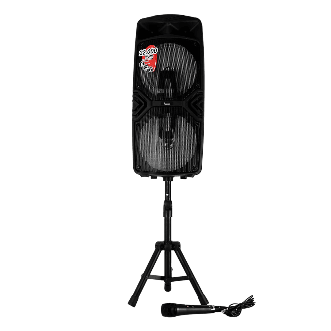 CAJA AMPLIFICADA CON BATERIA 2X8 PULG., 22.000W PMOP, REPRODUCTOR ANALOGICO DIGITAL, ENTRAJA JACK 1/4, 3.5MM, BASS & TREBLE, LUZ LED RGB, INCLUYE UN MICROFONO Y PEDESTAL - Miniatura 6