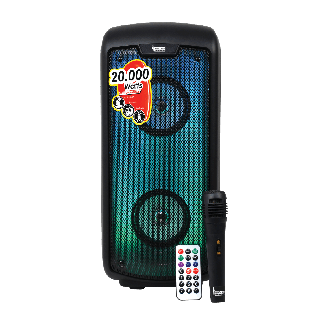 CAJA AMPLIFICADA CON BATERIA 2X4 PULG., 20.000W PMOP, REPRODUCTOR ANALOGICO DIGITAL, ENTRAJA JACK 1/4, 3.5MM, BASS & TREBLE, LUZ LED RGB, INCLUYE UN MICROFONO