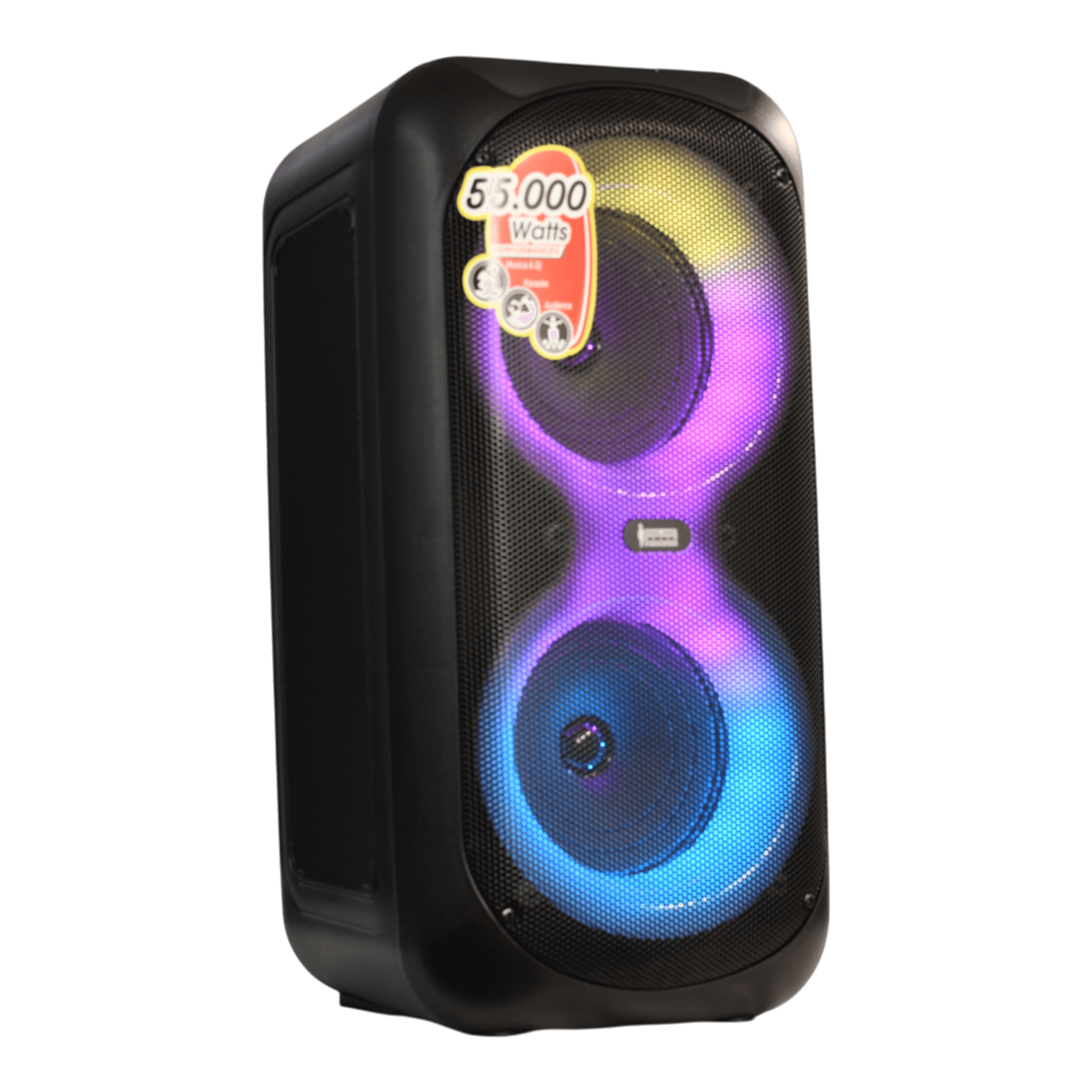 CAJA AMPL. CON BATERIA 2X6 PULG., REPRODUCTOR ANALOGICO DIGITAL, ENTRAJA JACK 1/4, 3.5MM, BASS & TREBLE, LUZ LED RGB, INCLUYE UN MICROFONO