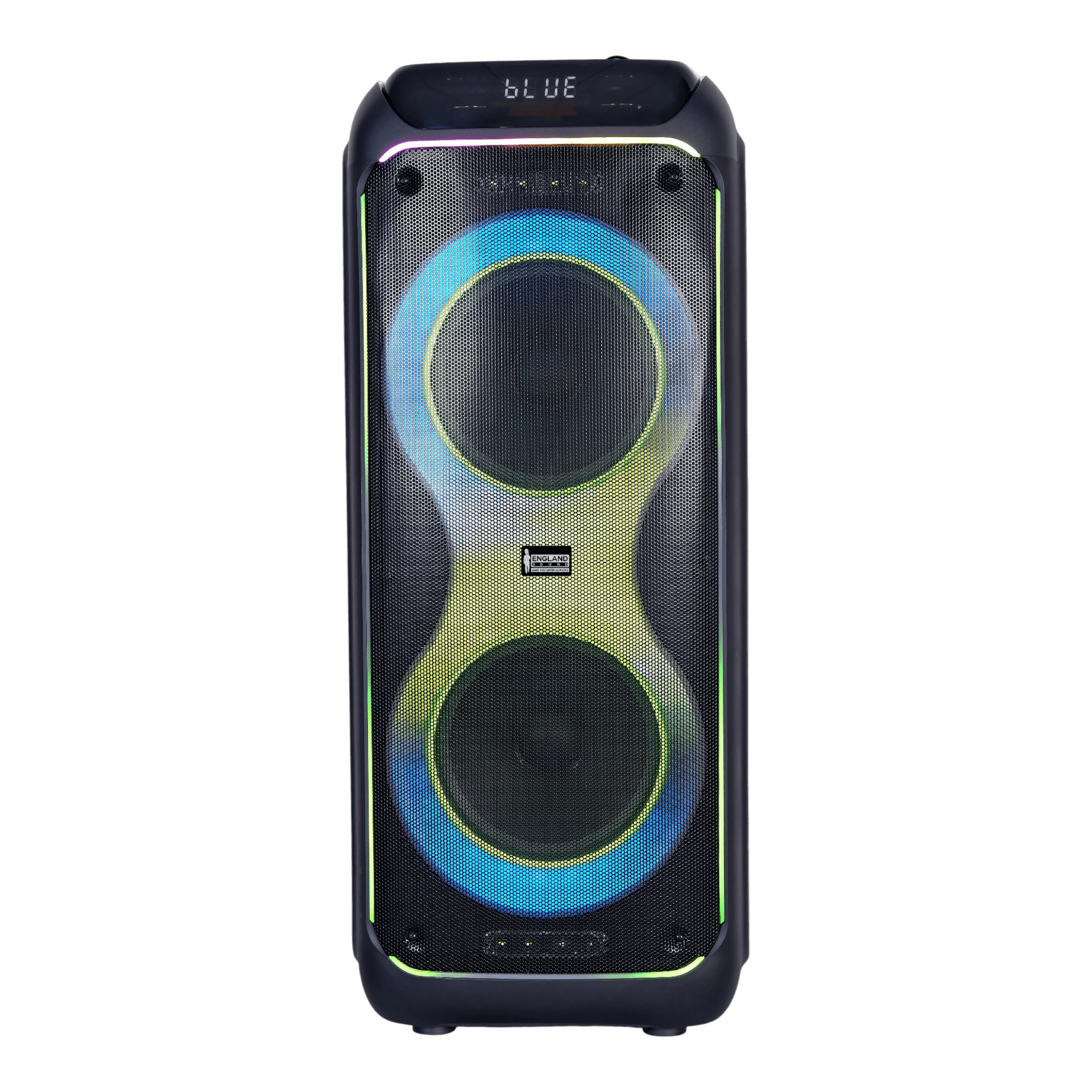 CAJA AMPL. CON BATERIA 2X10 PULG., REPRODUCTOR ANALOGICO DIGITAL,ENTRAJA JACK 1/4, 3.5MM, BASS & TREBLE, LUZ LED RGB, INCLUYE UN MICROFONO