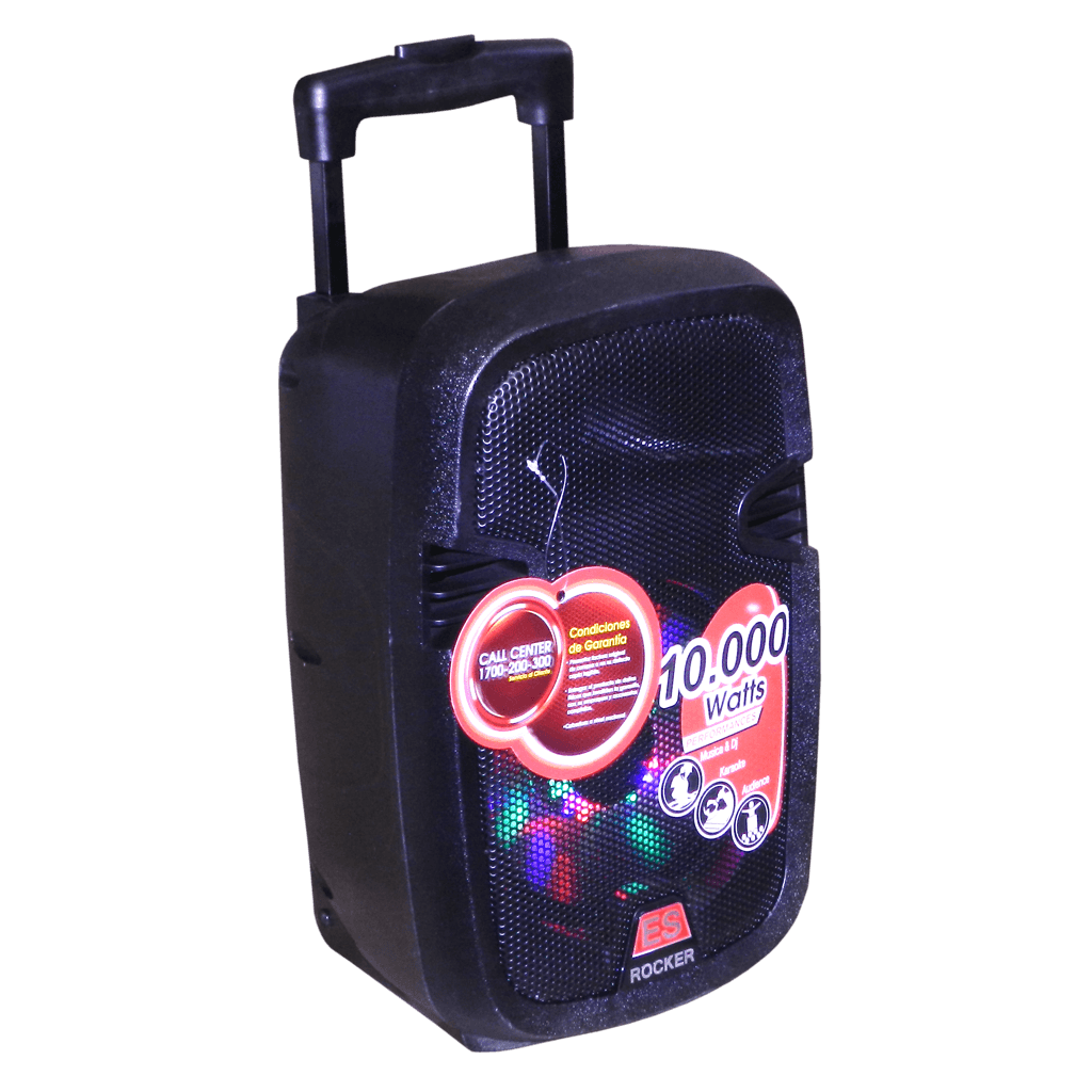 CAJA AMPLIFICADA CON BATERIA 8 PULG., 20.000W PMOP, ENTRAJA JACK 1/4, 3.5MM, EFECTO ECO, BASS TREBLE, LUZ LED RGB, INCLUYE UN MICROFONO VHF