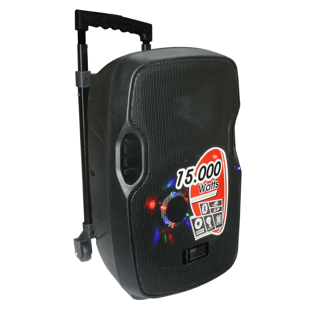 CAJA AMPLIFICADA CON BATERIA 10 PULG., 15.000W PMOP, BT, USB, SD, INCLUYE UN MICROFONO
