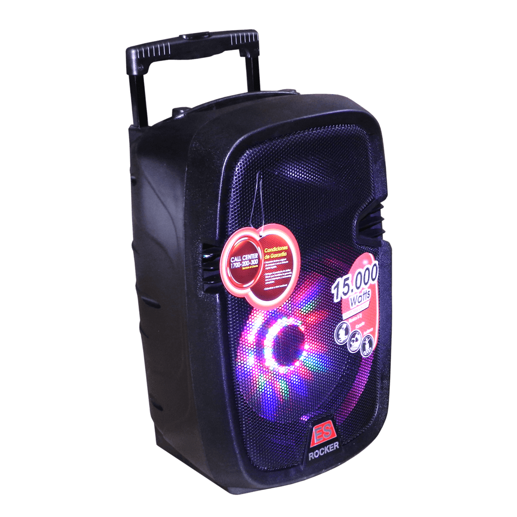 CAJA AMPLIFICADA CON BATERIA 10 PULG., 30.000W PMOP, ENTRAJA JACK 1/4, 3.5MM, EFECTO ECO, BASS TREBLE, LUZ LED RGB, INCLUYE UN MICROFONO VHF