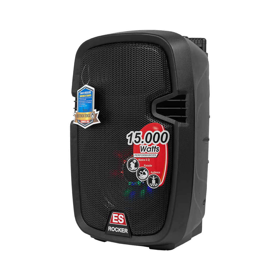 CAJA AMPLIFICADA CON BATERIA 10 PULG., 30.000W PMOP, ENTRAJA JACK 1/4, 3.5MM, EFECTO ECO, BASS TREBLE, LUZ LED RGB, INCLUYE UN MICROFONO VHF - Miniatura 5